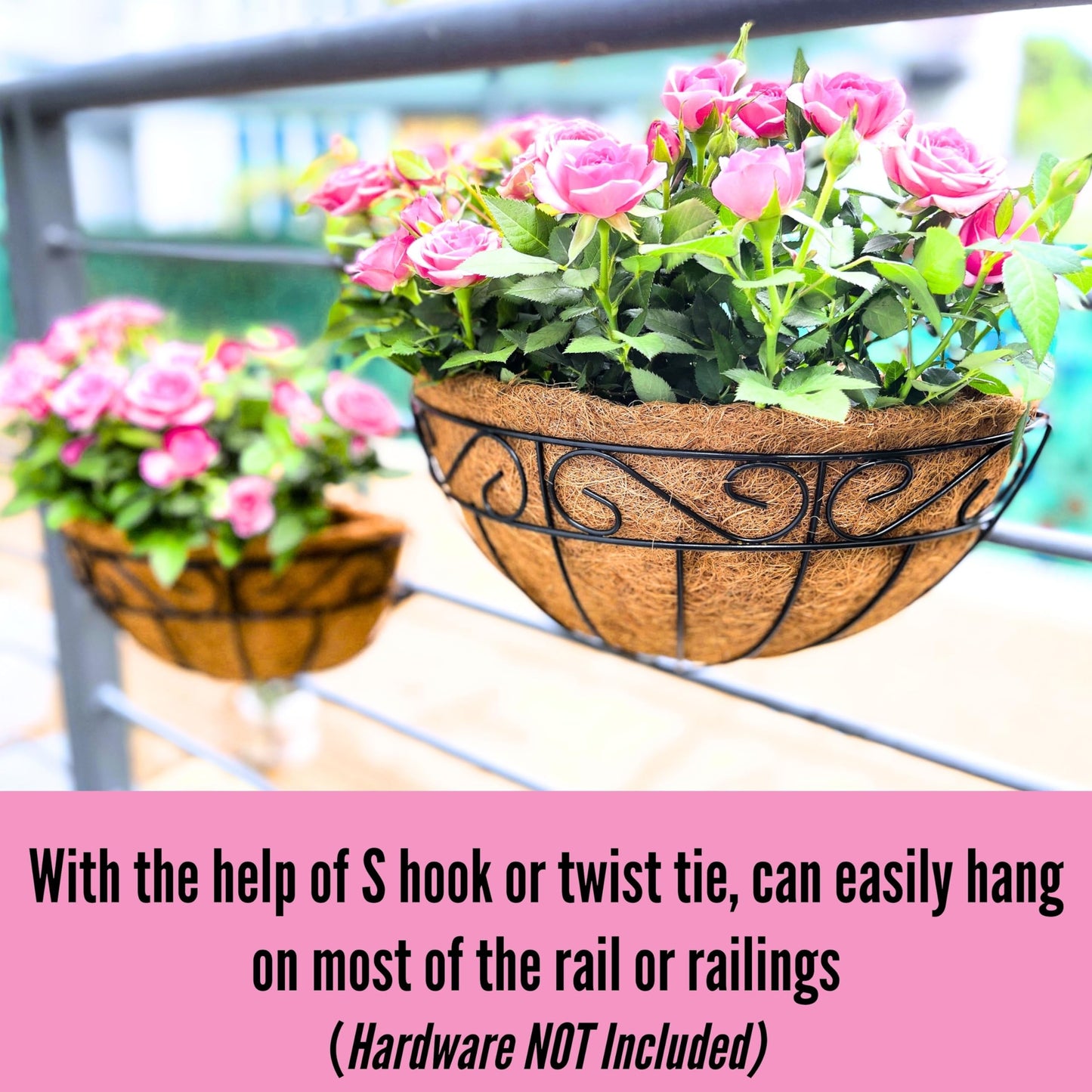 LaLaGreen Wall Hanging Planters, 6 Pack, 12 Inch Balcony Flower Baskets with Coco Liner Outside, Outdoor Vertical Garden, Fence Pots Holder Half Round Semi Circle Rail Railing Deck Porch Balcony Patio