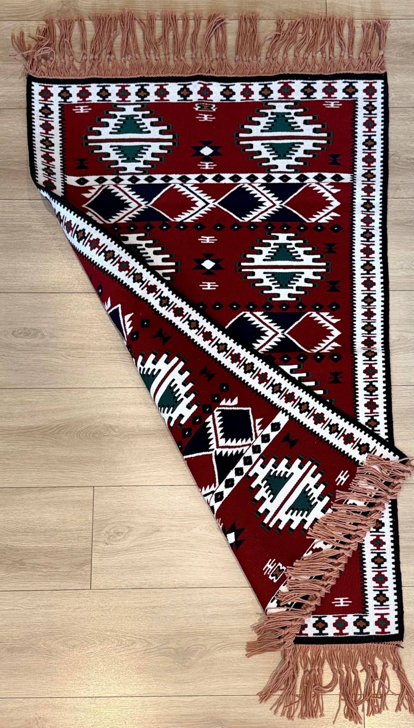Handmade Turkish Area Rug(YORUK Kilim) - 100% Wool - 3x5 ft (32x56 in) Small Area Rug - Deep Red Burgundy, Traditional Diamond Pattern, Cozy Boho Decor for Living Room, Fireplace, or Bedroom