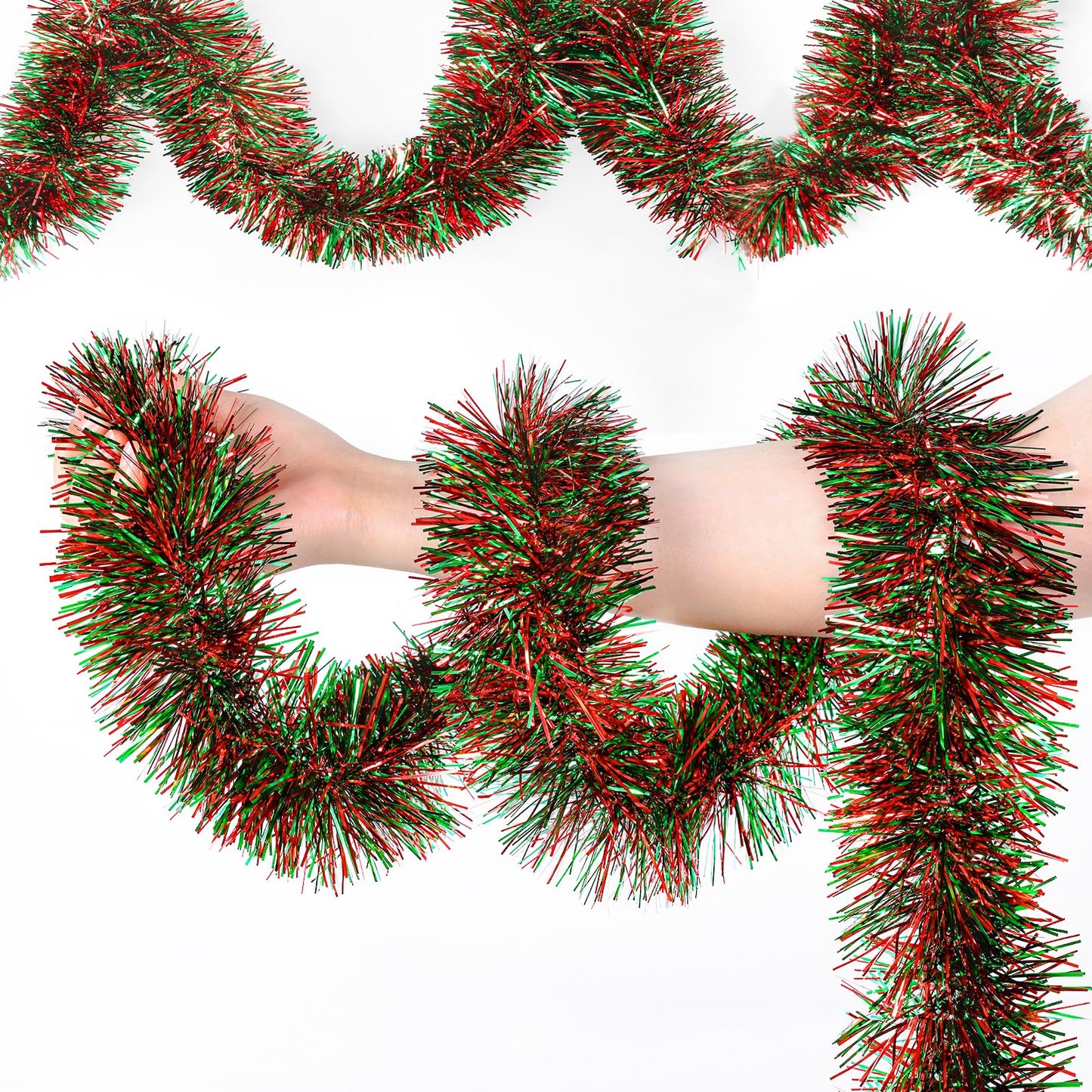EverMerry Christmas Garland, 50 ft Tinsel Garland Christmas Decorations, Metallic Outdoor Christmas Garland for Stairs, Christmas Tree Tinsel, Home and Birthday Party Decorations(Red and Green)