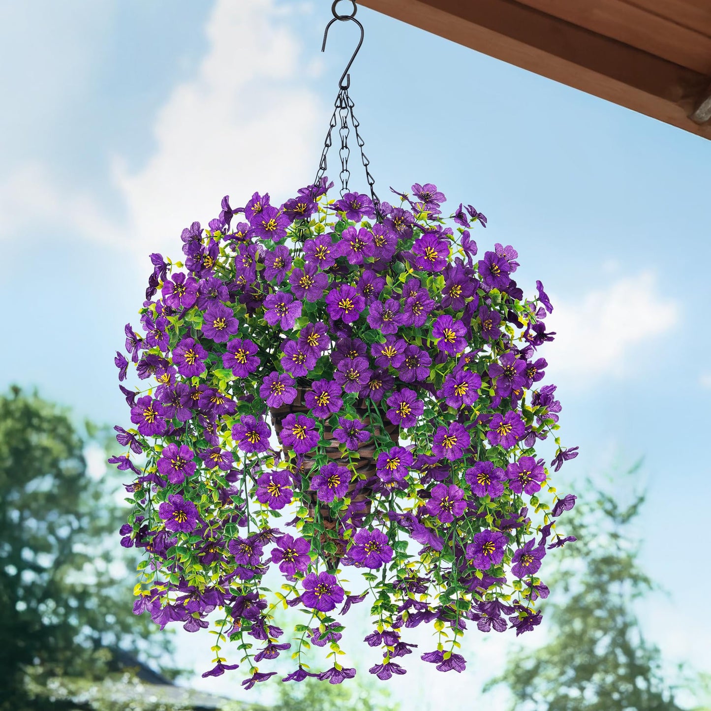 HyeFlora Artificial Hanging Flowers Basket for Outdoor, Fake Flowers Faux Plants Look Real for Yard Gardens Porch Patio Home (Darkpurple)