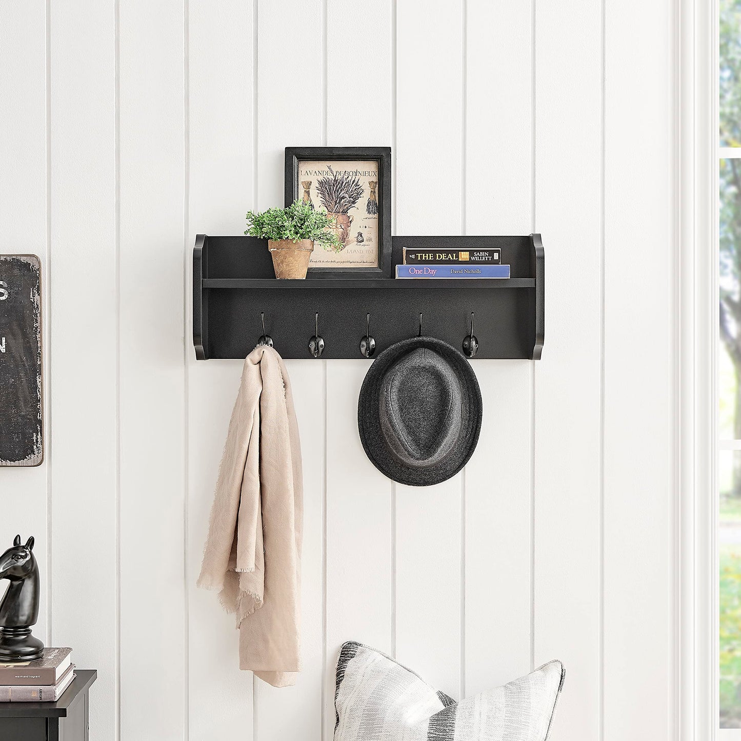 Danya B. Entryway Floating Utility Wall Shelf with Hooks – Wall Mounted (Black)
