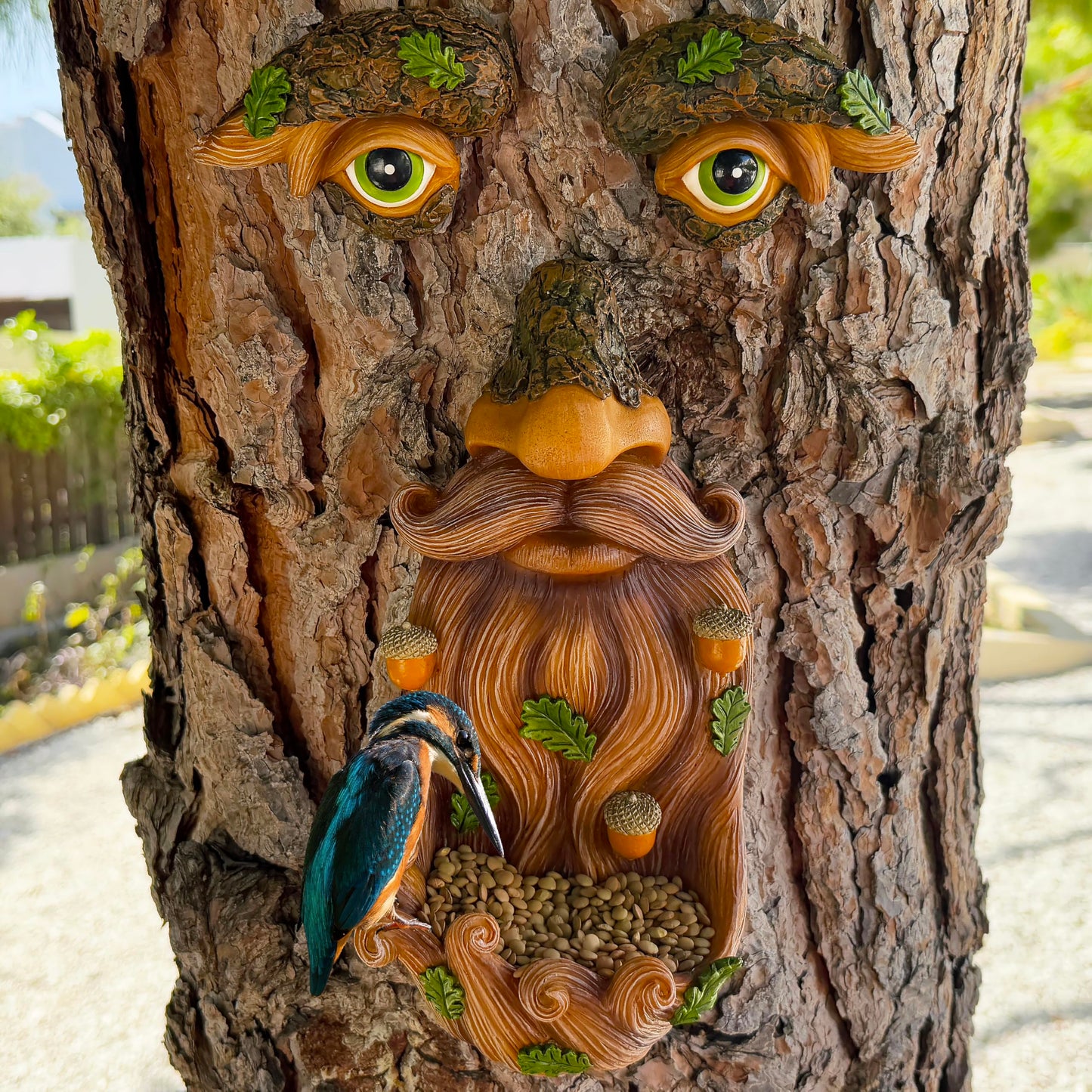 Mood Lab Tree Face Decor - Outdoor Bird Feeder with Acorns - Old Man Tree Face Garden Hugger Decoration
