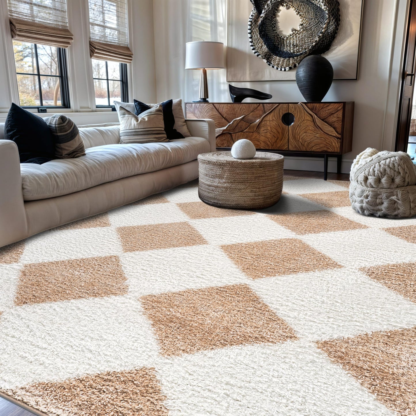 Rugshop Diamond Wave Shag Area Rug Beige 7' 10" x 10' Perfect for Large Living Rooms, Dining Areas, or Master Bedrooms