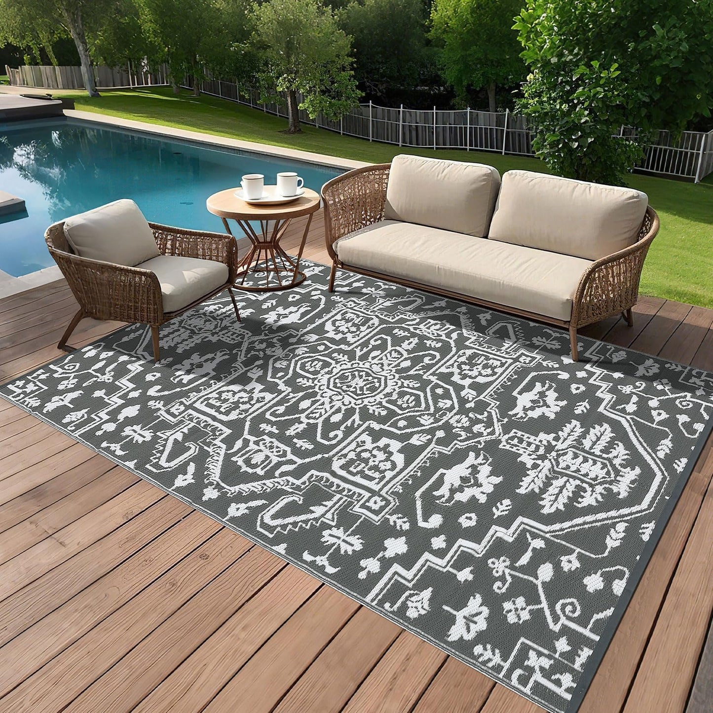 Jojoka Waterproof Reversible Outdoor Rug, Durable Plastic Straw Medallion Mat, UV-Resistant Easy Clean All-Weather Carpet for Patio, Backyard, Porch, Deck, Camping & RV