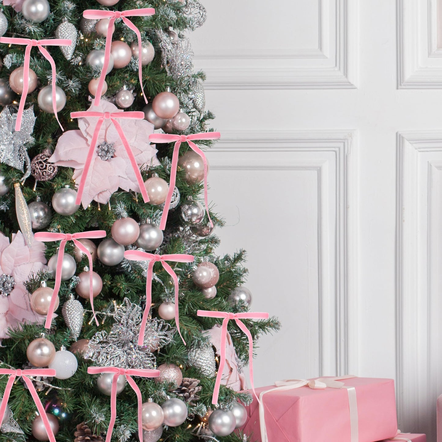 Lavwix 40Pcs Velvet Ribbon Bows, 5x7 Inch Pre-Tied Bows Christmas Ornaments for Xmas Tree, Garland, Wreath, Gift and Holiday Home Décor (5 x 7 Inch, Width of 3/8",Pink)