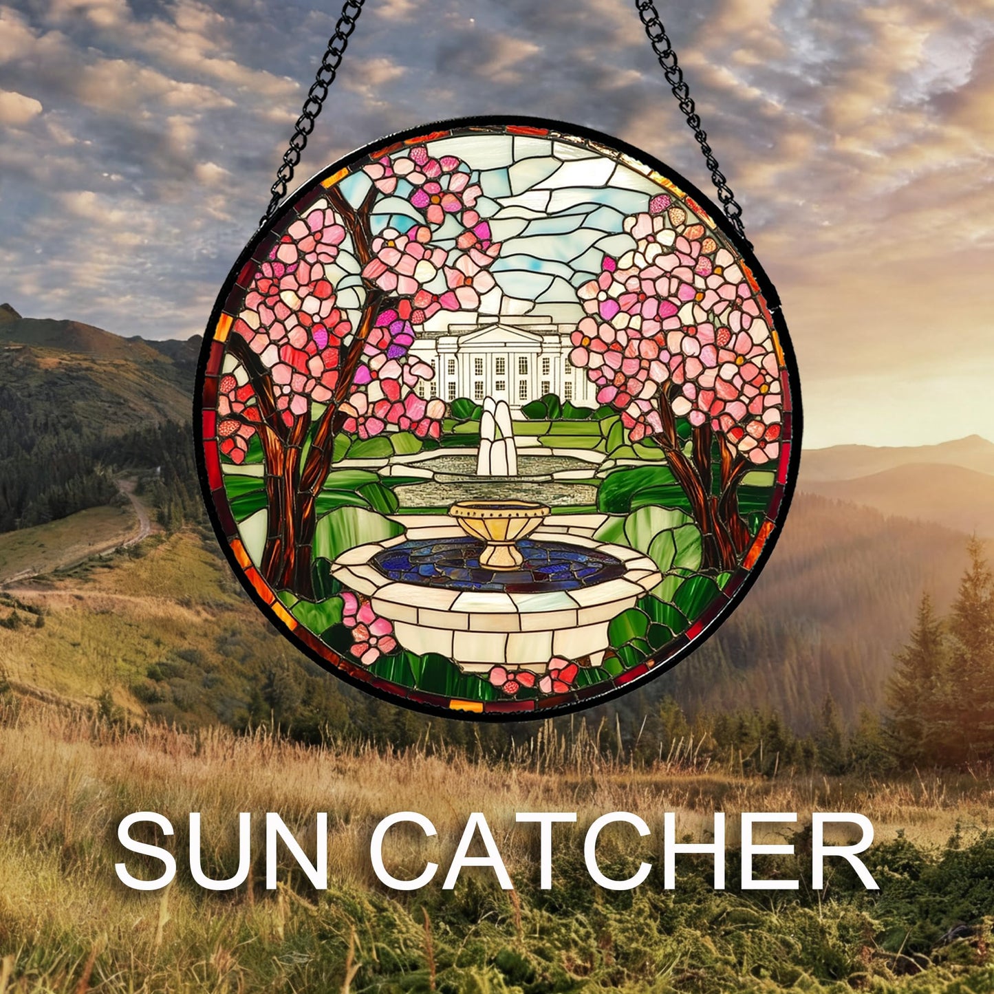 CHATYOUNG Stained Glass Window Hanging White House Cherry Blossoms Large 11.8" - Landscape Suncatcher Door Garden Home Decor and Christmas Mother's Day Birthday Gifts Grandma Mom Nana Women Friend