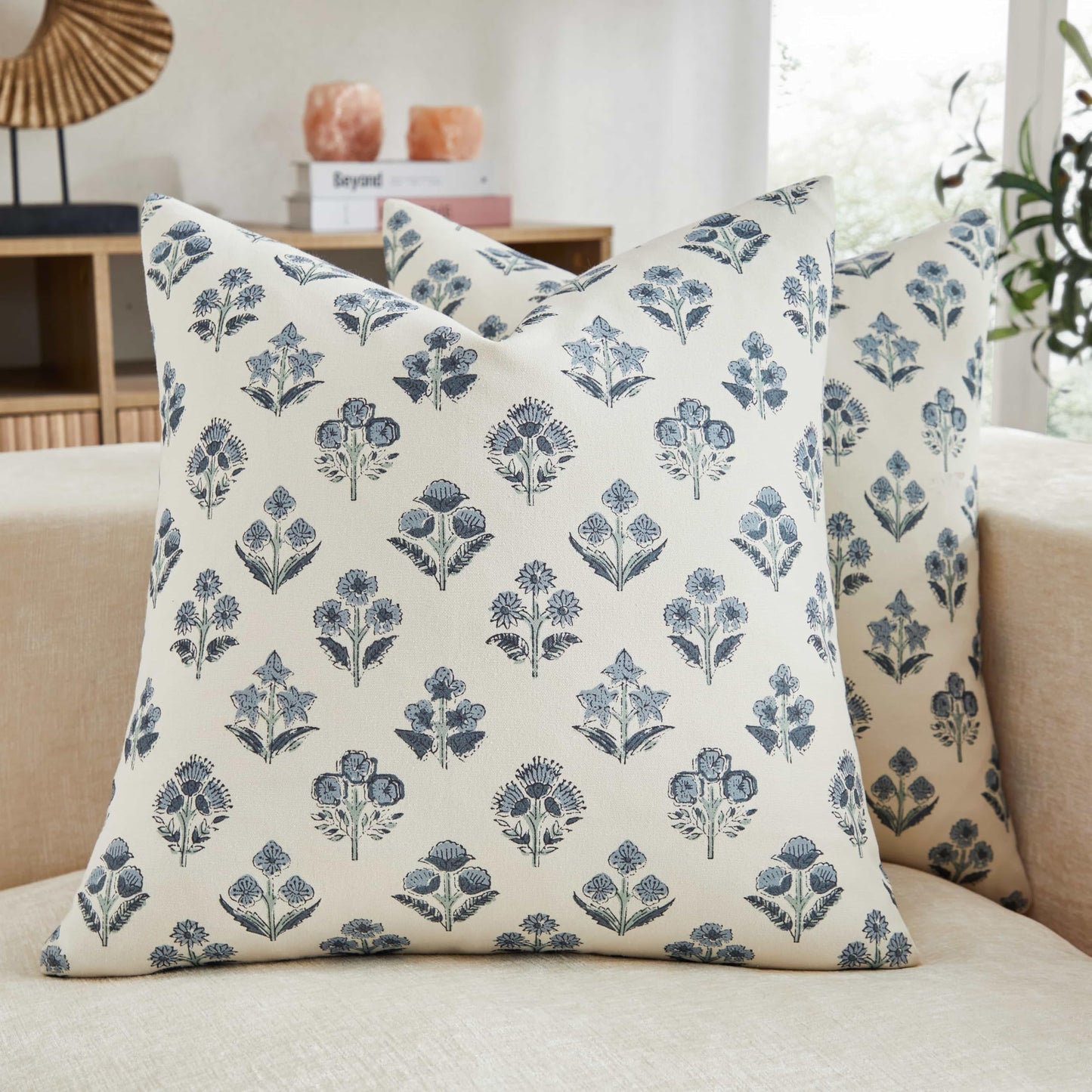 YZJZEDS 100% Cotton Floral Pillow Covers Set of 2, Double Sided Block Print Boho Decorative Throw Pillow Cases, Farmhouse Style Cushion Covers for Home Decor, 18x18 Inches Dusty Blue