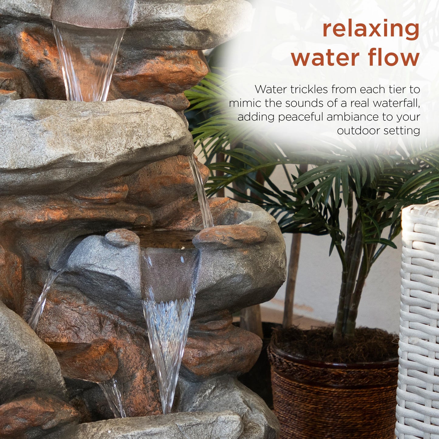 Alpine Corporation | 40" 4-Tier Rock Floor Fountain with Cascading Water & White LED Lights, Tranquil Outdoor Water Feature for Garden, Patio, Yard & Deck, Light Gray