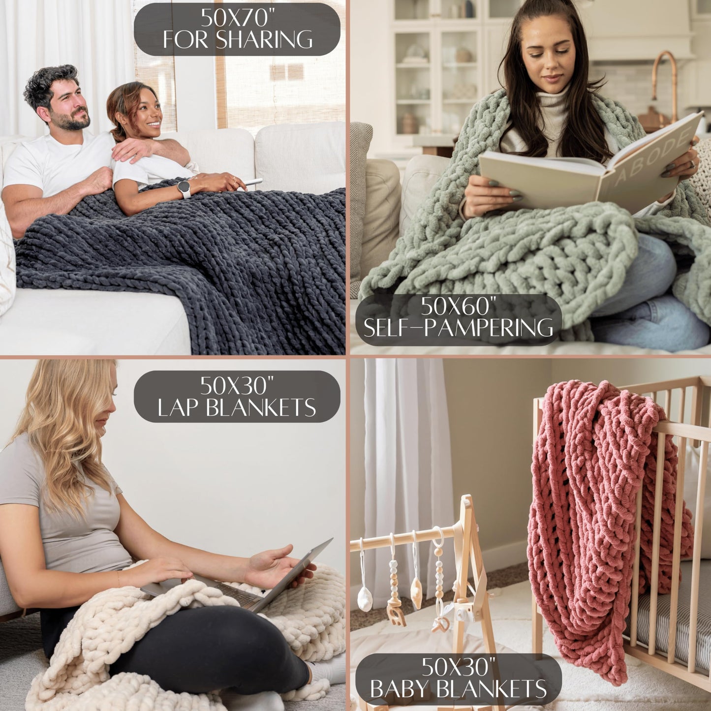 SAMIAH LUXE Chunky Knit Blanket Throw 50x70, Cream Chenille Chunky Knit Throw Blanket for Living Room Decor or Boho Decor, Thick Yarn Knitted Blankets for Couch or Bed, Cable Knitted Crochet Blankets