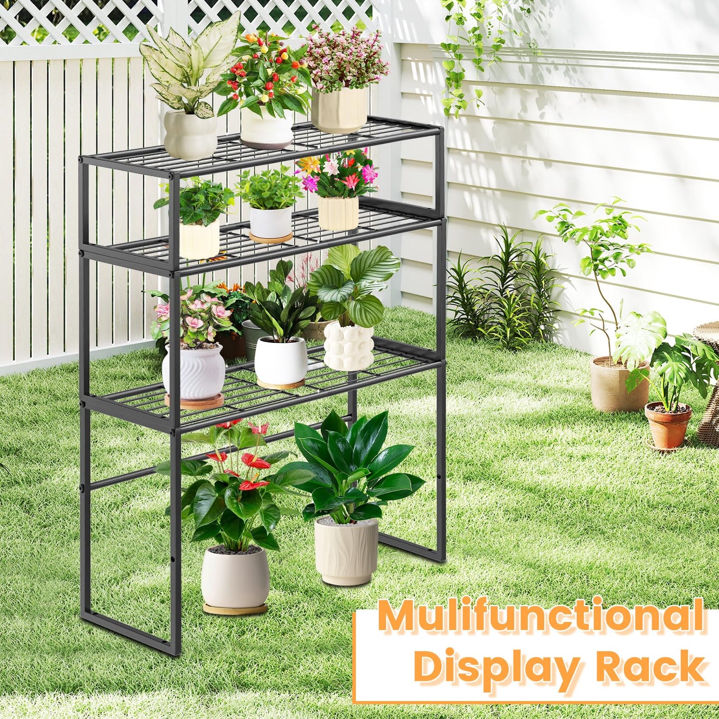 Gouisalin 3 Tier Metal Plant Stand Indoor Outdoor, Potted Multiple Flower Pot Holder Rack Plant Shelf, Heavy Duty Planter Display Shelving for Patio Balcony Garden Living Room Decorative (3 Tier- Black)