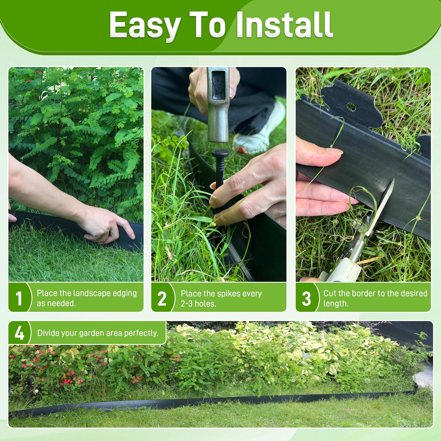 Quibbay 3.15" x 50' No Dig Landscape Edging, Plastic Garden Edging Borders with 75 Anchoring Spikes, Flexible Lawn Edging for Landscaping Garden Flower Beds Grass Yard Paver Pathway, Black