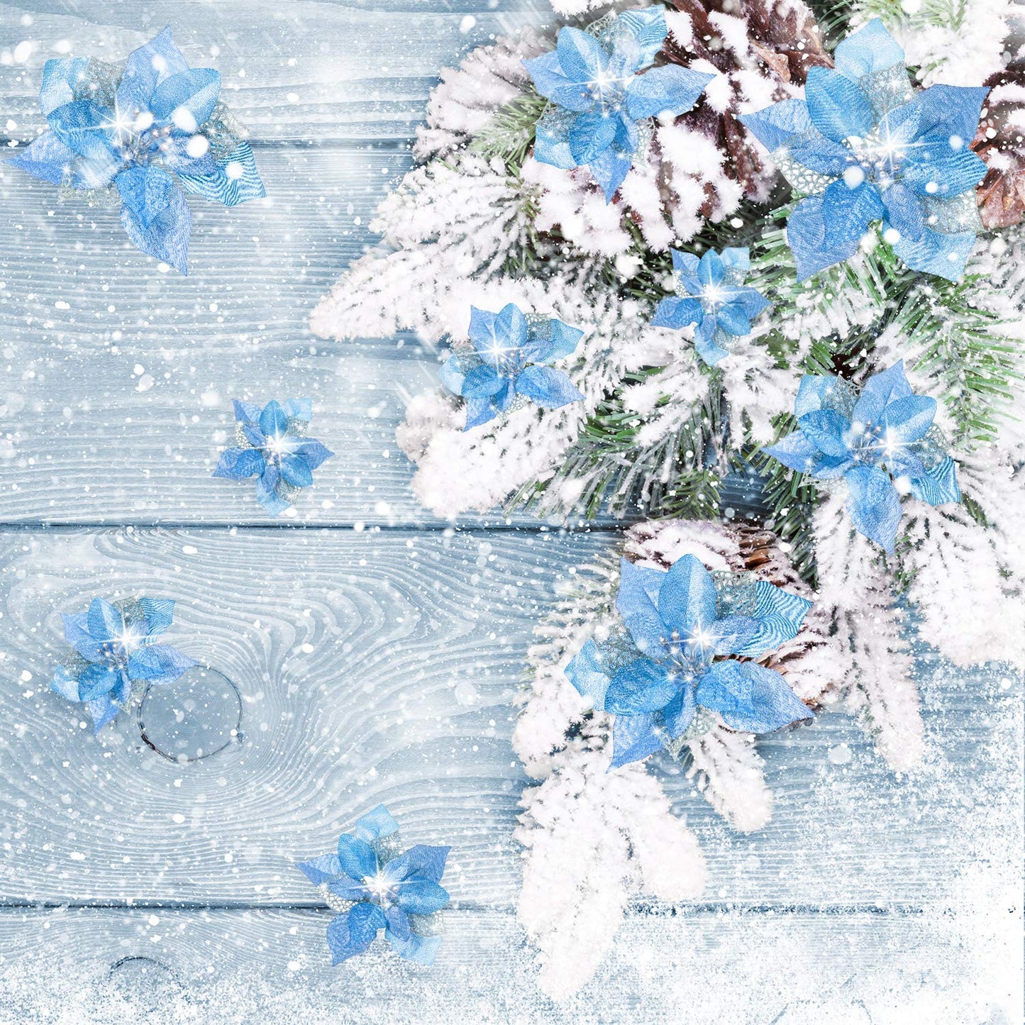 Boao 24 Pieces Christmas Artificial Glitter Poinsettia Flowers Xmas Flowers Wedding Christmas Tree New Year Ornaments(Blue)