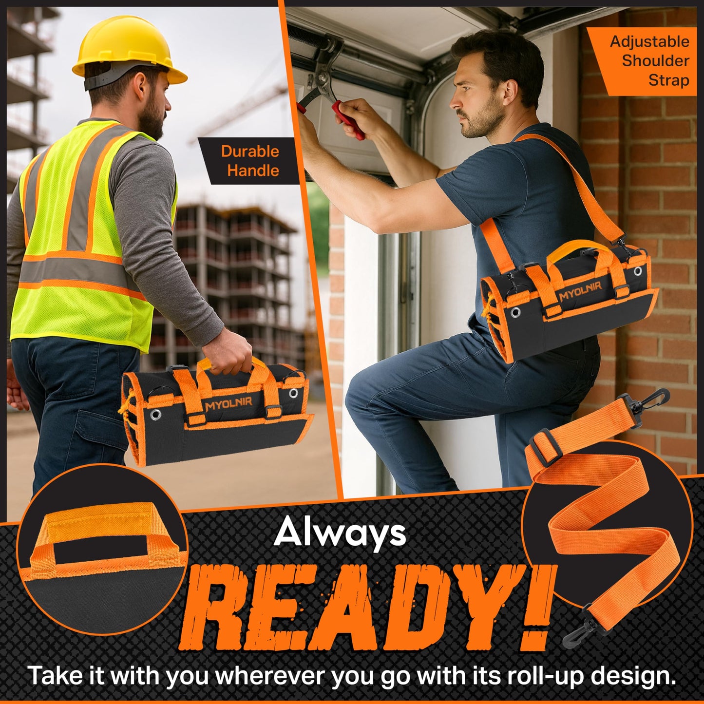 Myolnir Roll Up Tool Bag Organizer With Kickstand - Full-Size 25" Heavy Duty Tool Roll Bag - Portable Rollup Toolbag With Magnetic Panels & Transparent Pockets - Mechanic & Electrician