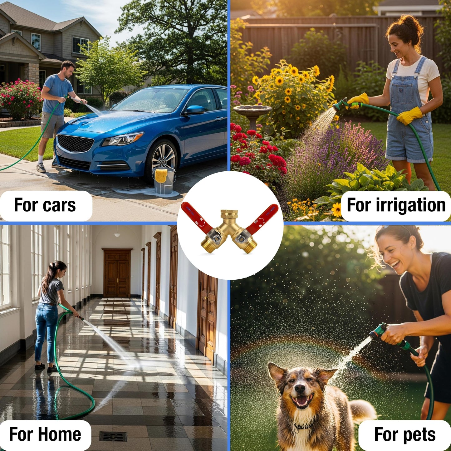 Premium 2 Way Brass Hose Splitter 3/4" Heavy Duty Leakproof Y Valve Garden Faucet Spigot Splitter Easy Long Handles With Extra Fittings and Teflon