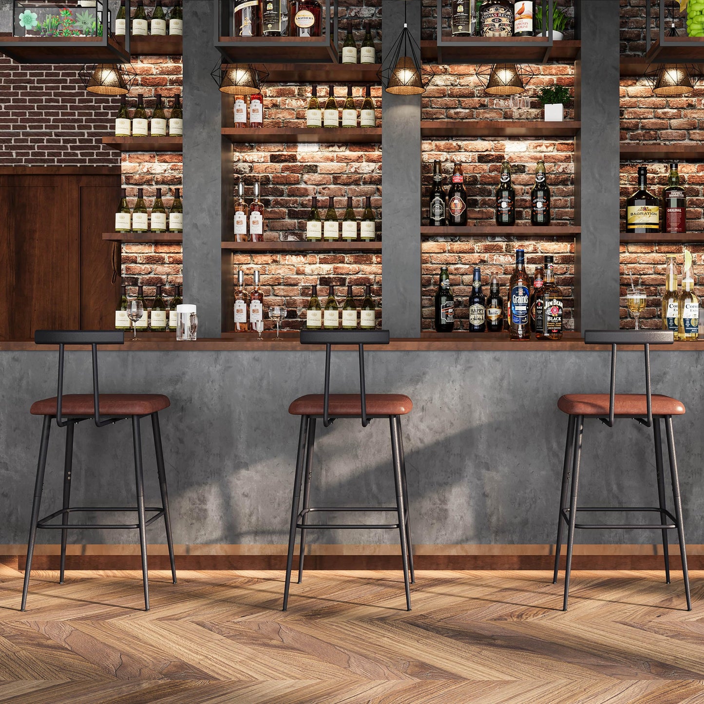 Bar Stools set of 2, Tall Bar Stools with Backrest and Footrest, Counter Height Bar Chairs, Industrial Barstools with PU Leather Cushion, for Kitchen, Dining Room, Bar, Cafe (Rustic Brown)KBS515R