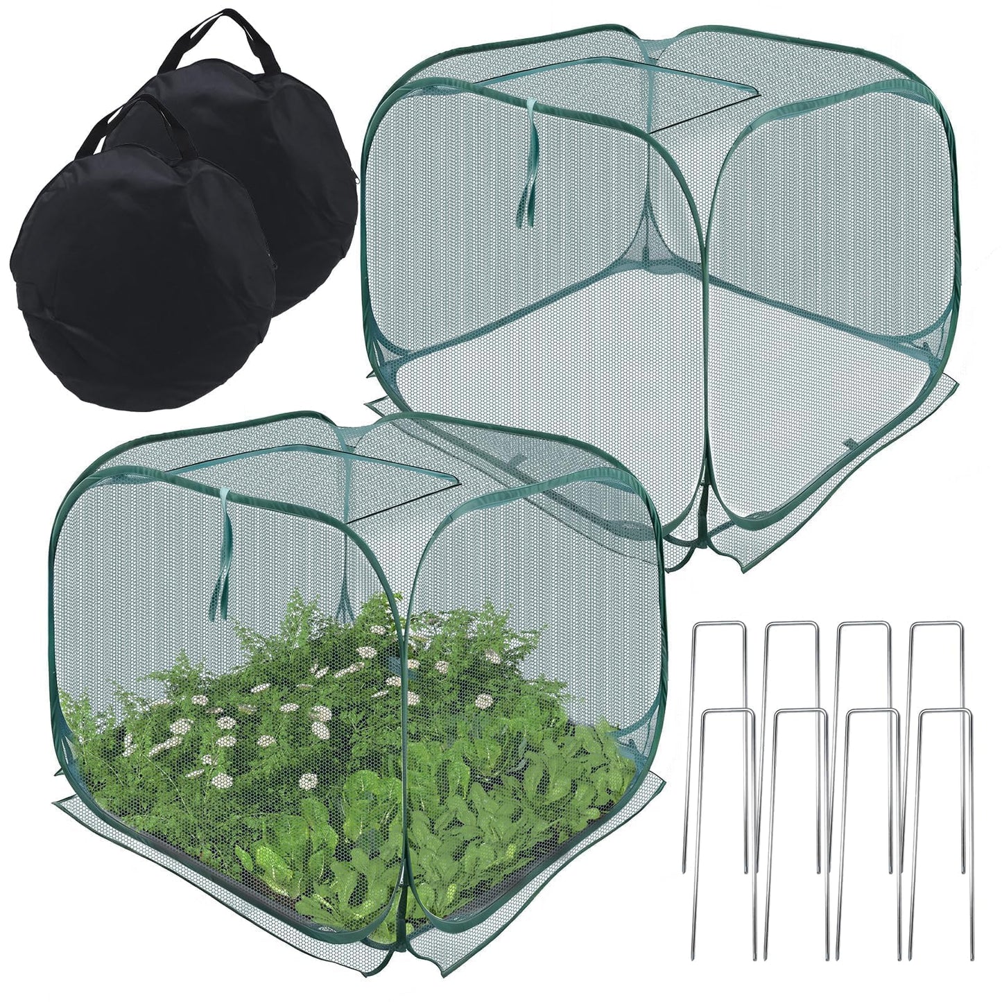 EATAKWARD 2 PCS Foldable Plant Protector, 35" x 35" x 27.5" Pop-Up Mesh Cover, Bird Betting for Garden, Garden Bed Cover for Outdoor Vegetables, Fruits, and Flowers