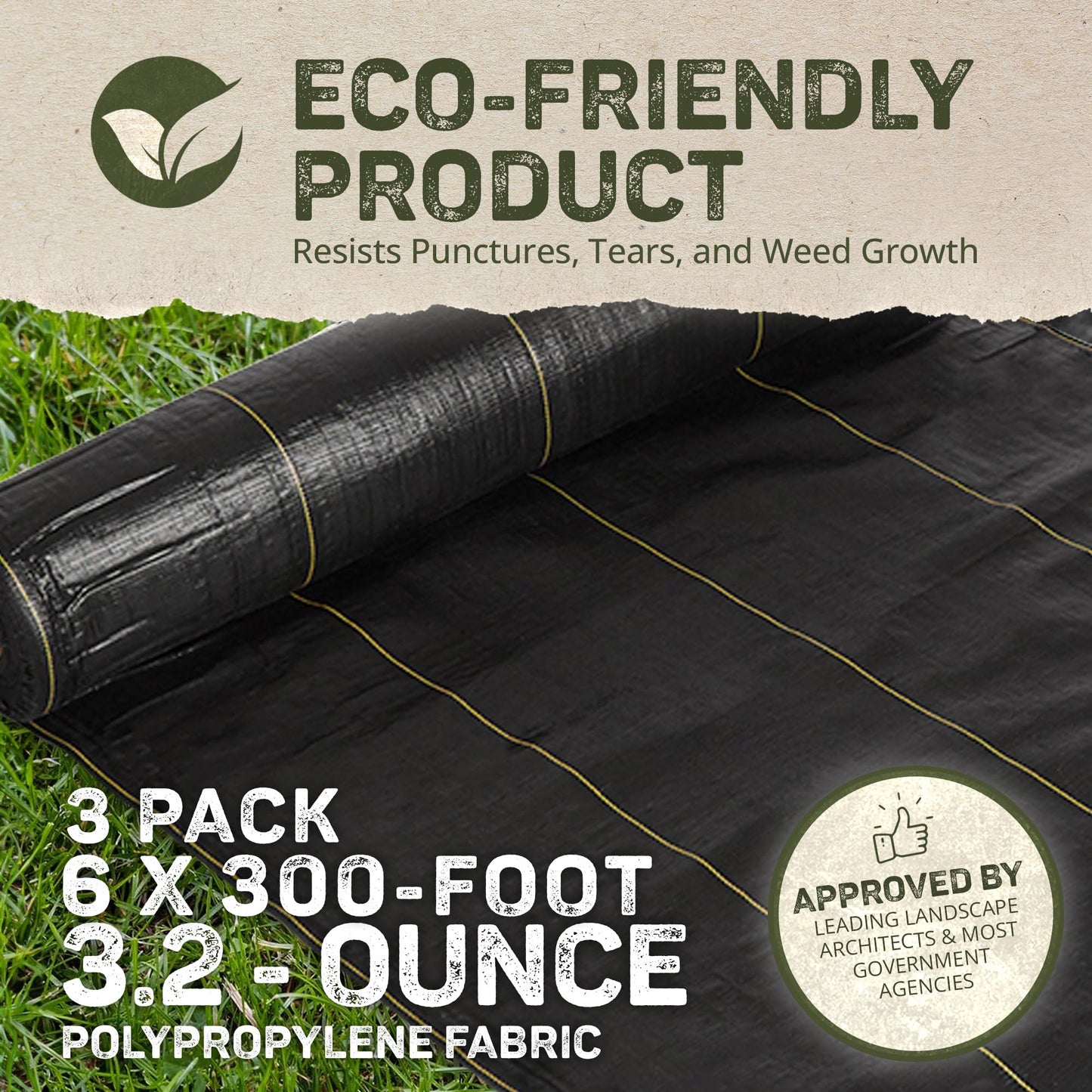 Dewitt 3-Pack Sunbelt Weed Barrier Fabric 3.2 oz, 6 x 300 Feet – Heavy-Duty Ground Cover Mat for Greenhouse Floors, Garden Rows, Raised Beds, Yard Gardening, and Outdoor Landscape Protection