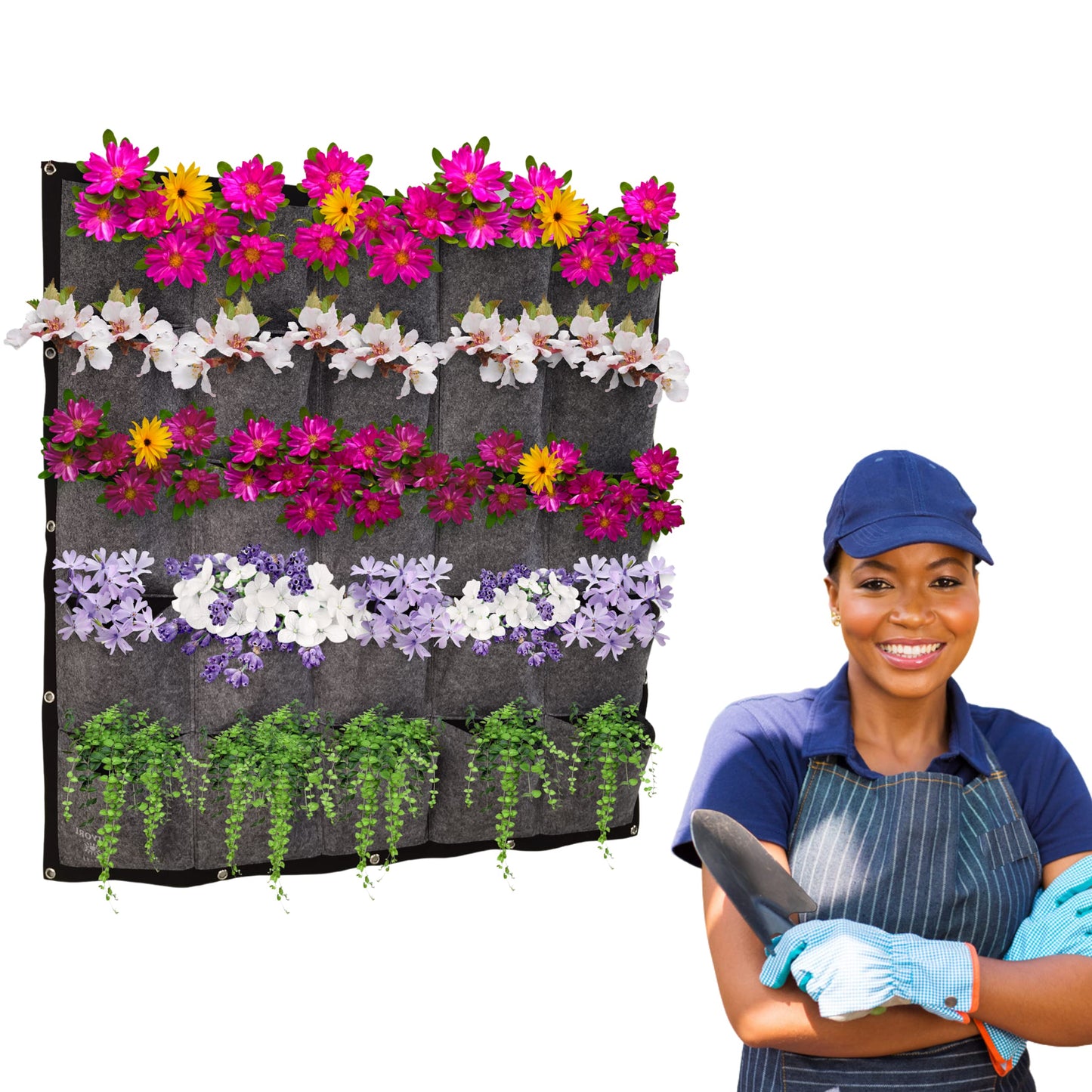 MIYORI Indi-36 Pockets Vertical -Hanging Vertical Garden Wall Planter -Decor Fence Hanger with Wall Pockets Grow Planting Plant kit pots (25 Pockets, Gray (36 Pockets)