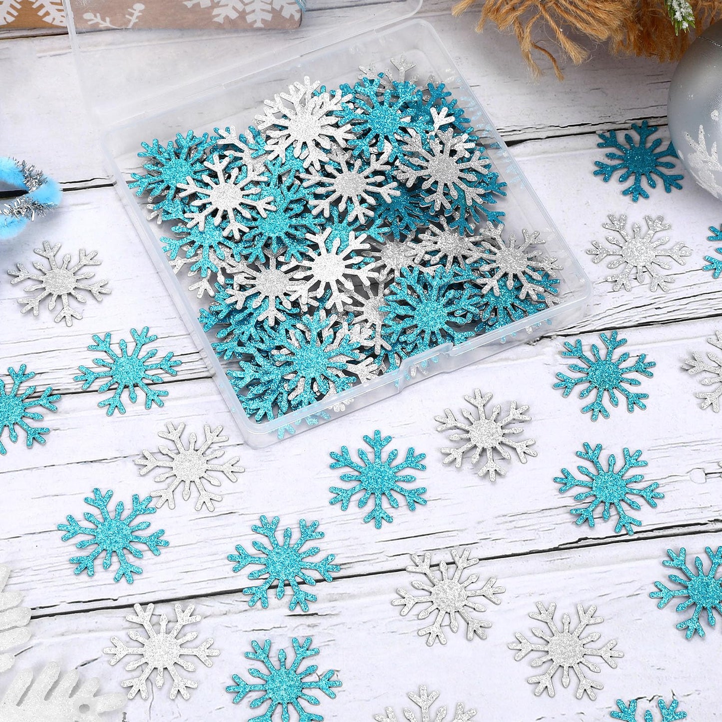 MARFOREVER Large Christmas Snowflake Confetti, Silver Blue Snowflake Glitter Confetti Snow Sprinkles Winter Wonderland Party Table Centerpiece for Xmas Wedding Supplies Christmas Table Decorations