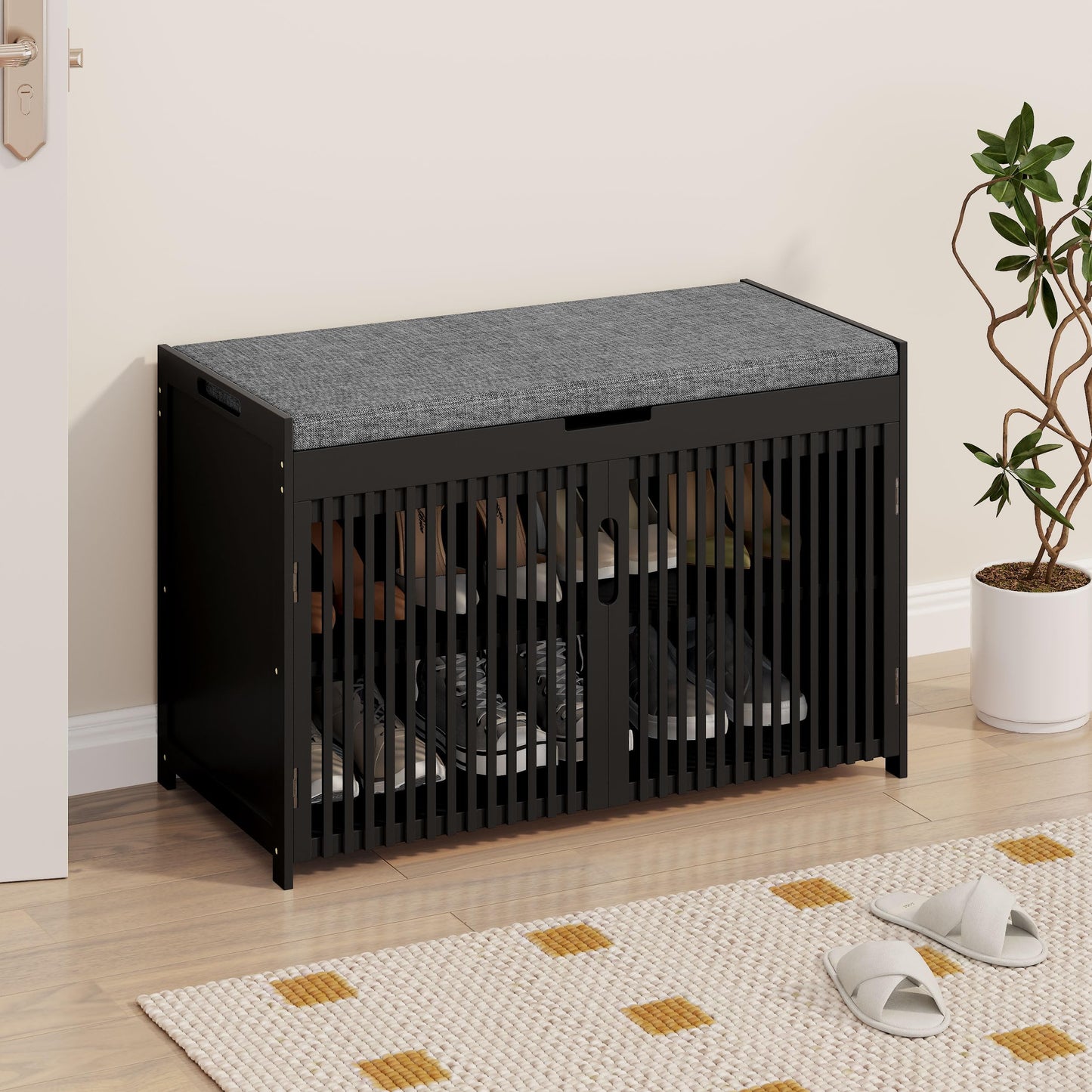 WISUCART Shoe Storage Bench with Cushion Seat, Bamboo Entryway Shoe Rack Bench, 2-Tier Shoe Organizer for Entryway, Bedroom, Hallway, Living Room, Holds Up to 330 lbs, Black