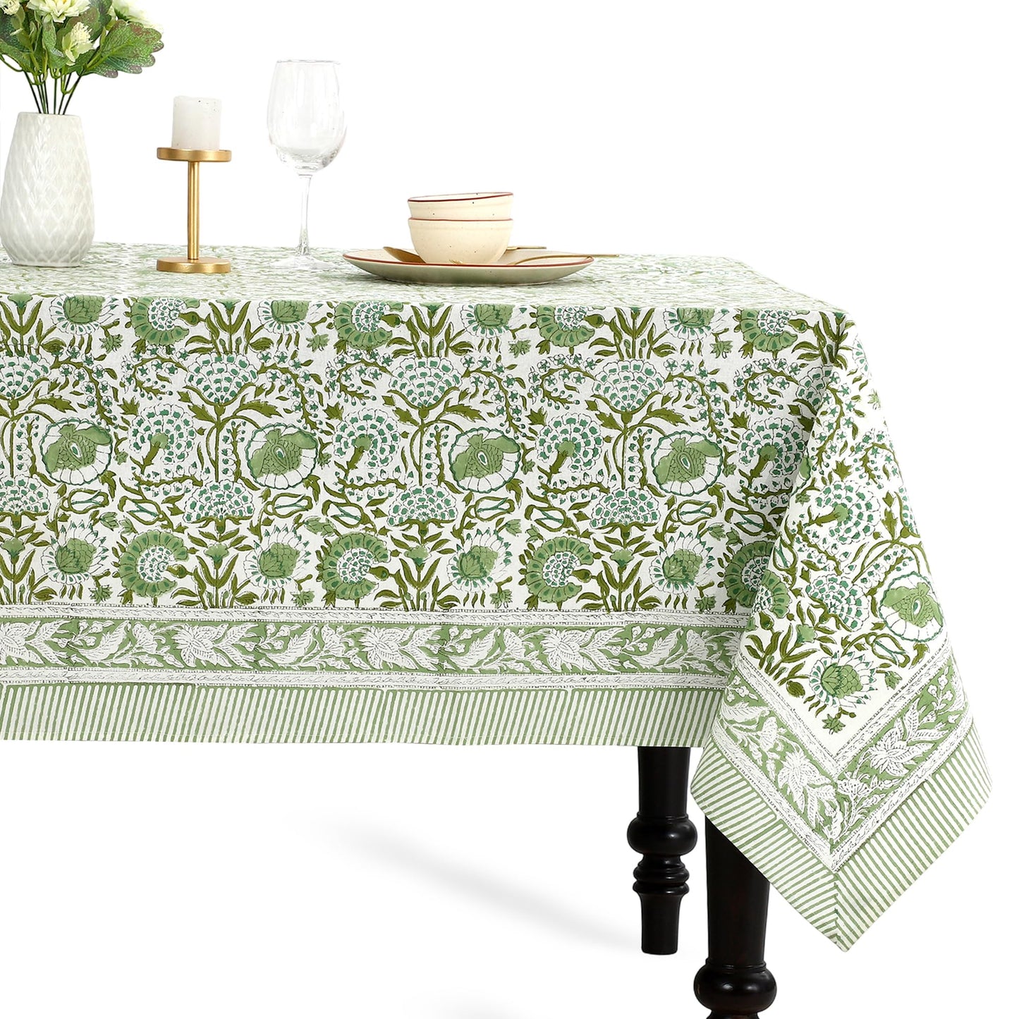 CPC Tablecloth 100% Cotton 60x90 Inch Indian Block Print Rectangle Table Cover, Washable Table Cloth for Weddings, Spring/Summer, Barbeque - Agate Green