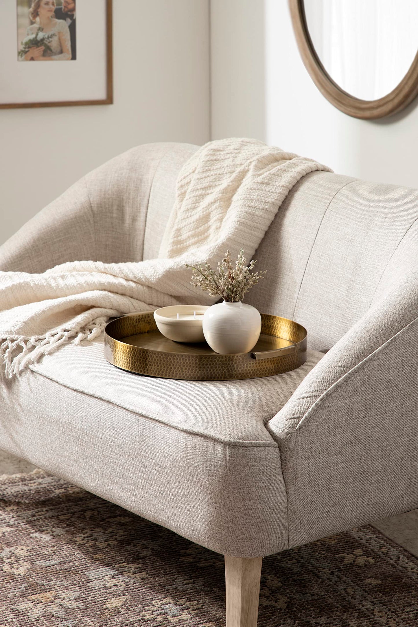 Kate and Laurel Samana Modern Glam Round Metal Tray; 17 Inch Diameter; Antique Brass; Circular Polished Decorative Tray with Hammered Surface and Minimalist Handles