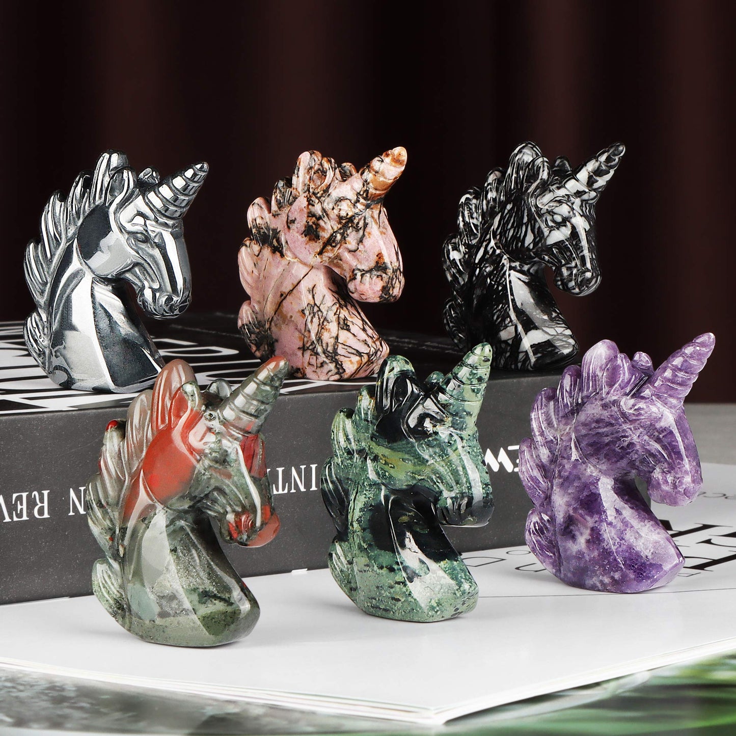 Artistone 3" Hematite Crystal Unicorn Figurines,Hand Carved Polished Gemstone Unicorn Statue Animal Carvings Collectible Paperweight Decorative Healing Stones for Home,Office