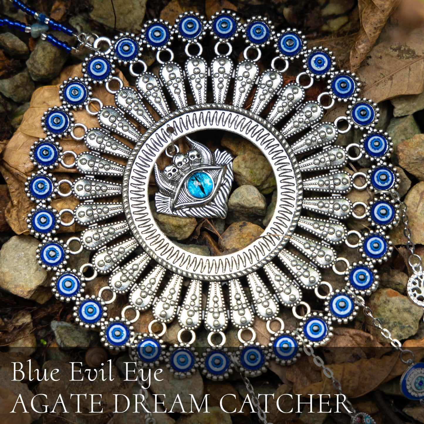 Evil Eye Dream Catcher, Handmade Blue Agate Stone Catcher with Crystals, Protective Bohemian Wall Hanging Decor for Bedroom, Window, Garden - Unique Housewarming Gift for Friends and Family