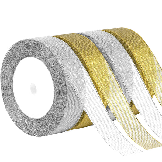 Hoplito 4 Rolls 1Inch Wide Christmas Ribbons Total 100 Yards Holiday Ribbons Metallic Glitter Fabric for DIY Craft Gift Wrapping and Christmas Party Festival Decorations, Gold & Silver