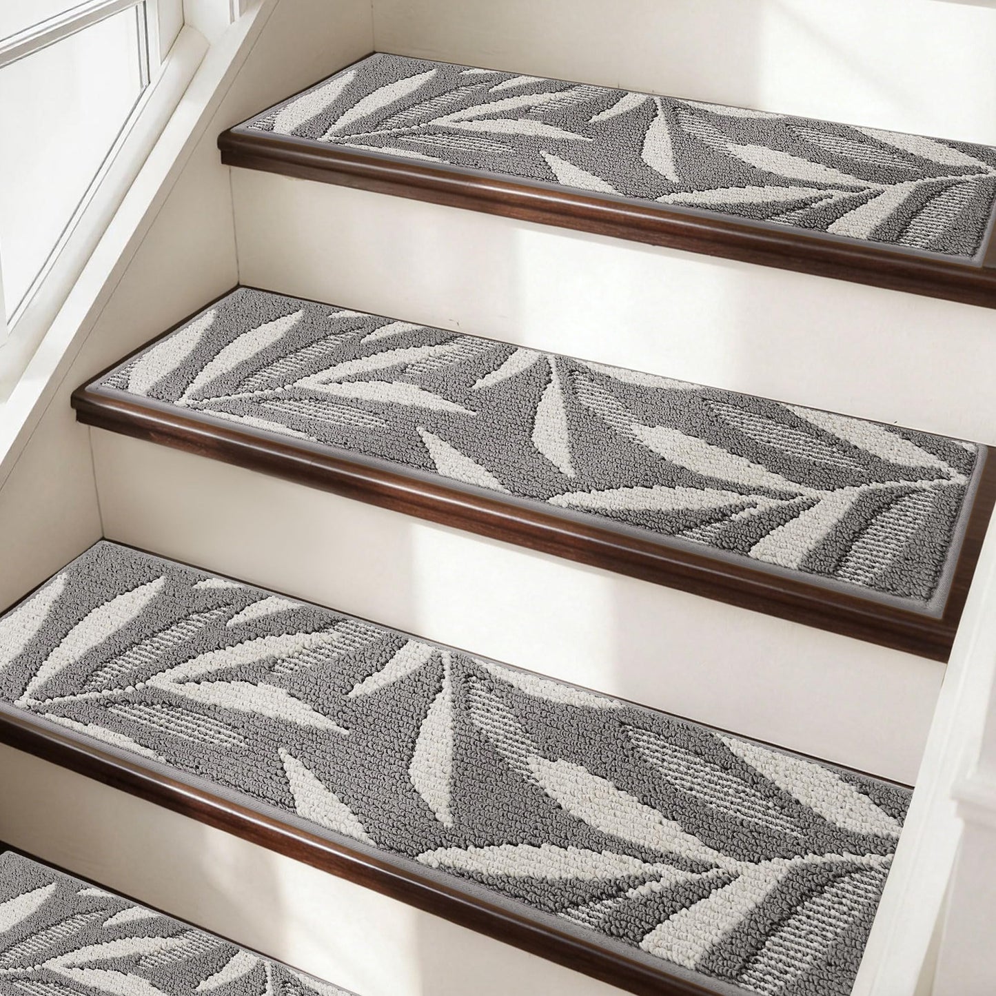 JSEI Stair Treads for Wooden Steps with 3D Leaf Pattern, 14 Pack 9" X 28" Carpet Stair Treads Non-Slip Indoor with TPE Backing, Machine Washable Stair Runners for Kids Elders and Pets, Grey
