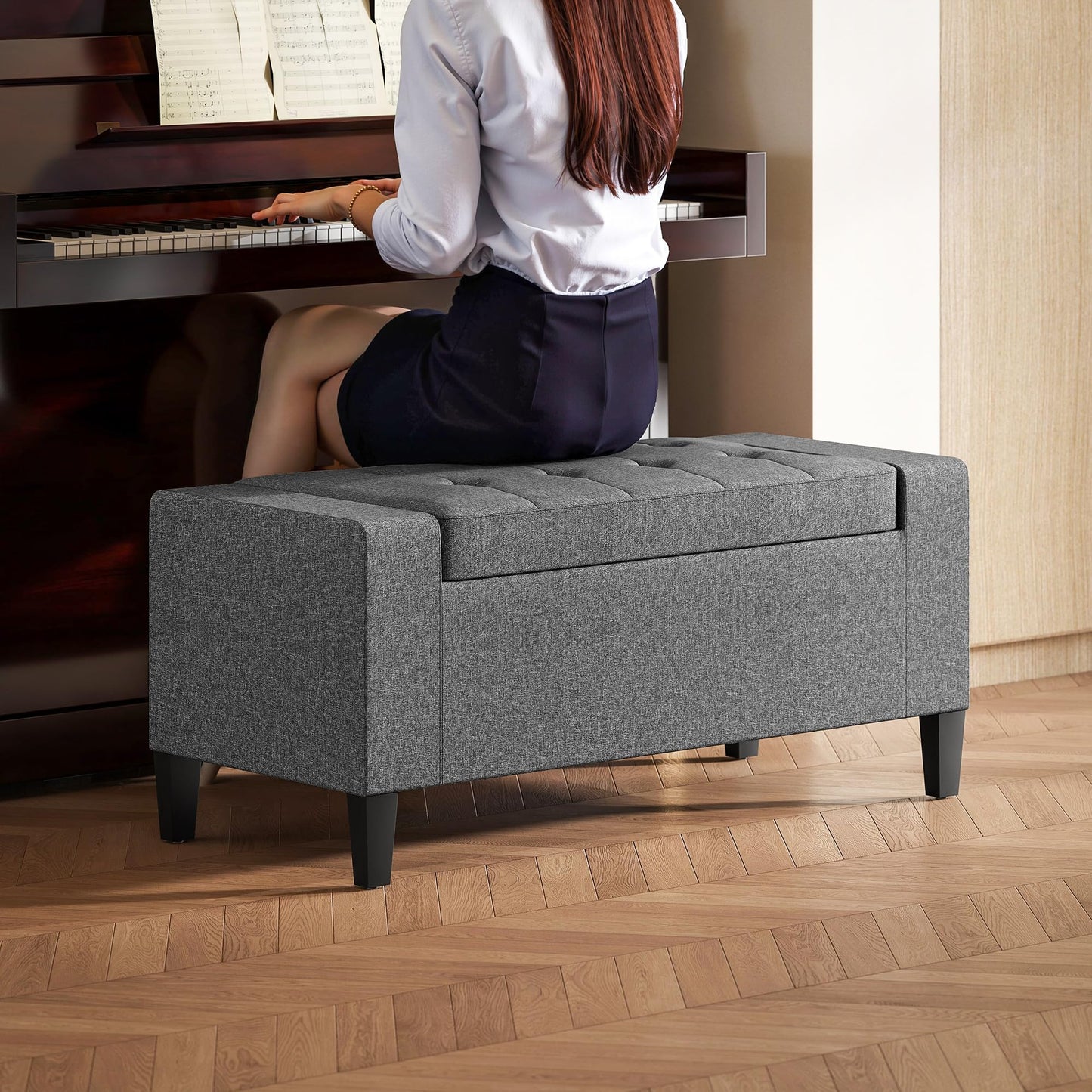 HOMCOM Storage Ottoman, Linen Upholstered Storage Bench with Lift Top and Button Tufted for Living Room, Gray