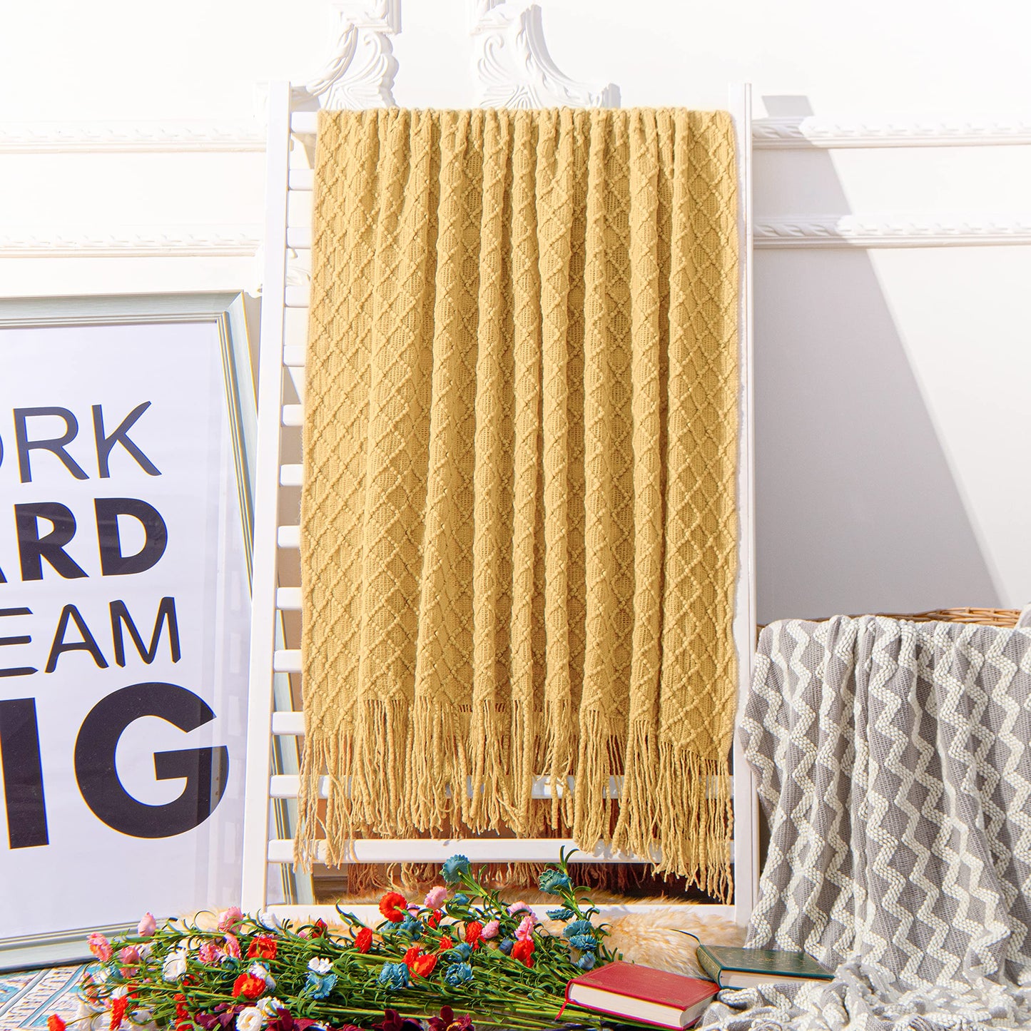 NTBAY Acrylic Knitted Throw Blanket, Lightweight and Soft Cozy Decorative Woven Blanket with Tassels for Travel, Couch, Bed, Sofa, 51x67 Inches, Mustard Yellow Checkered