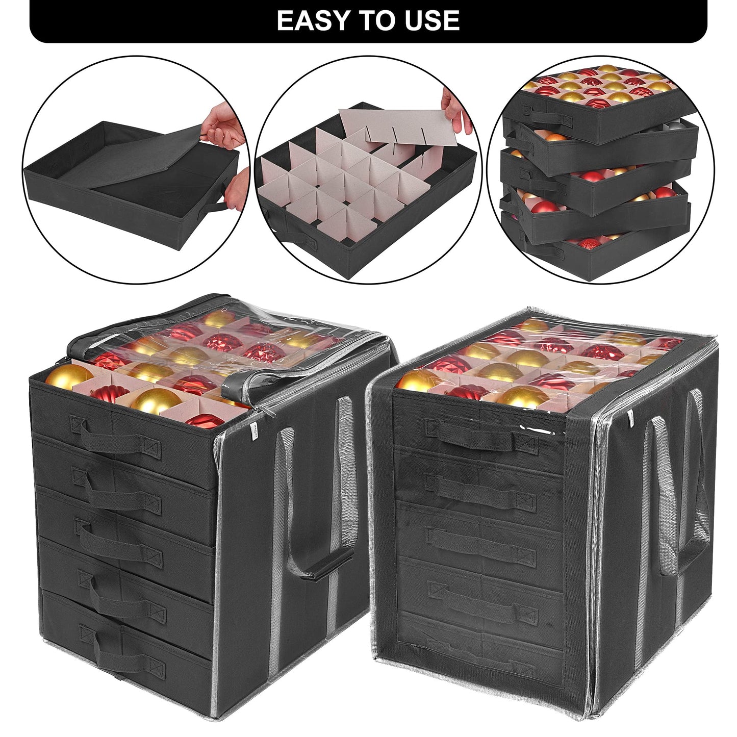ProPik Christmas Ornament Storage Boxes with Dividers - 5 Separate Trays - Ornament Holder - Keeps 100 Holiday Ornaments - Durable Carrying Bag Handles Organizer Storage Box (Black)