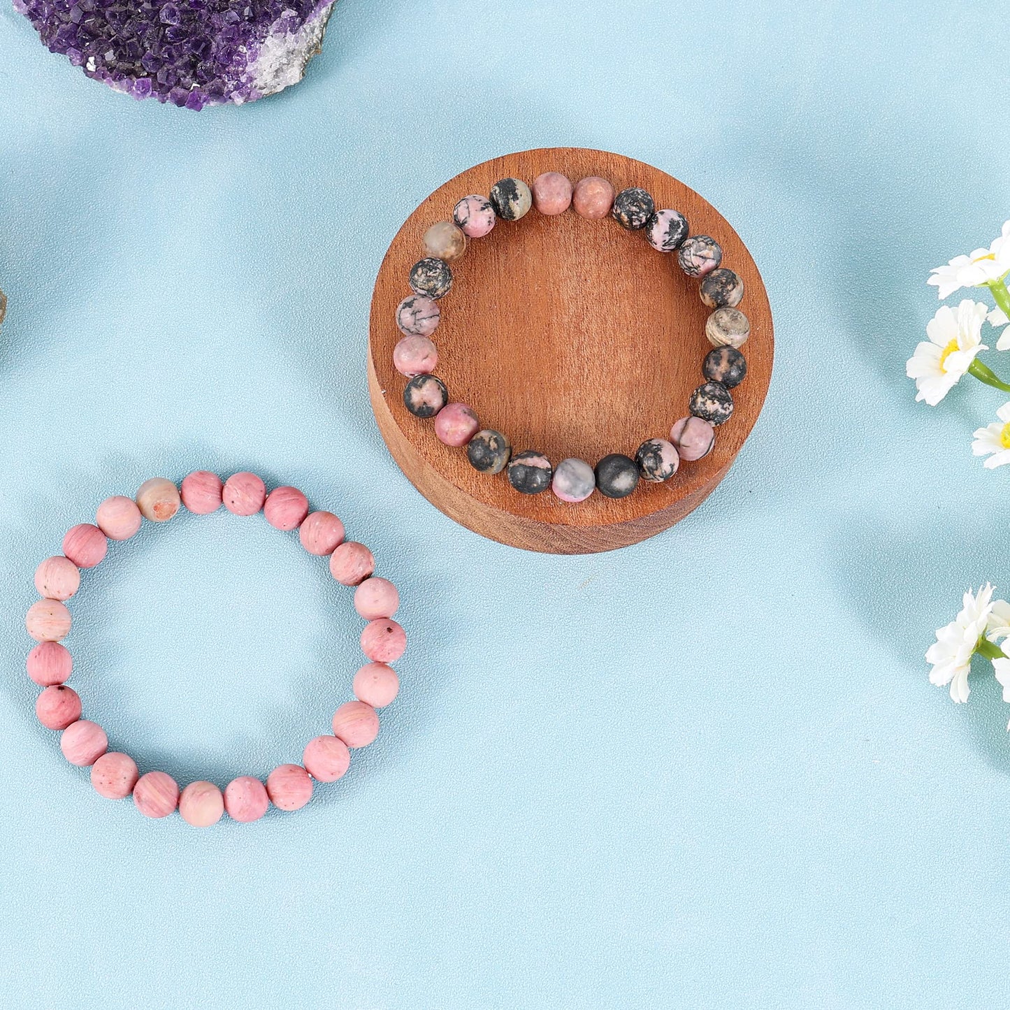 Bivei Natural Gemstone Semi Precious Crystals Handmade Stretchy Round Beads Bracelet, Enhance Positive Energy,Stocking Stuffers for Women(Rhodochrosite & Rhodonite (Love & Compassion) Medium)