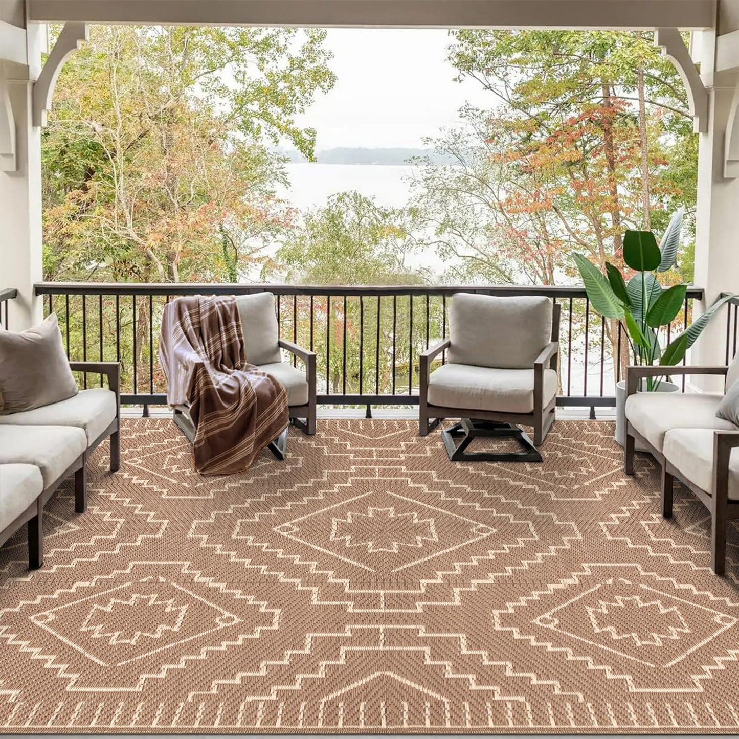 Wonnitar Outdoor Rugs 8x10 Waterproof Plastic Straw Rug, Large Outdoor Camping Rug for RV, Reversible Portable Outside Lightweight Area Rug for Backyard Balcony Beach Picnic (Beige & Brown,8'x10')