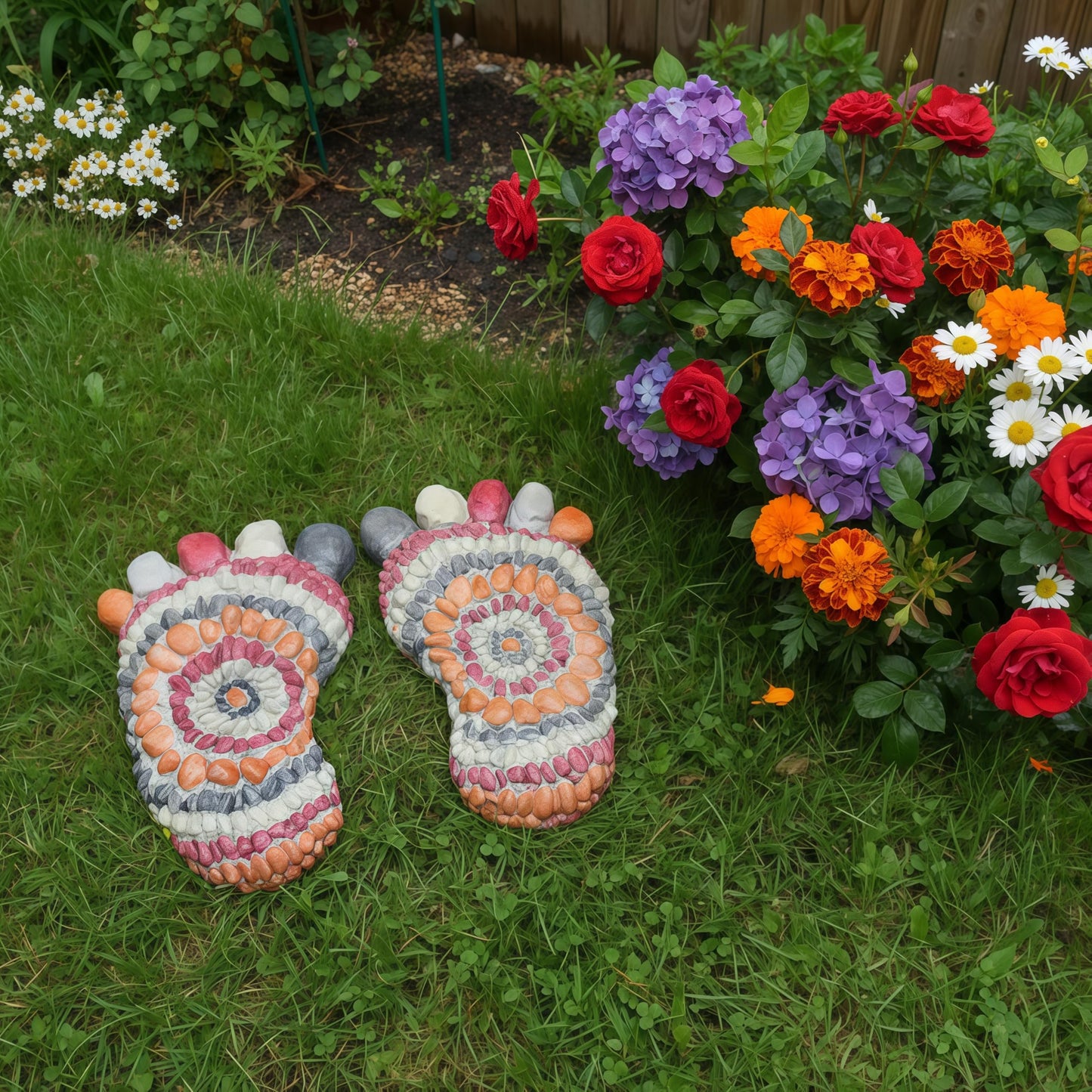 Garden Path Paved with River Pebbles -Footprint Stepping Stones -Garden, Terrace, Garden or Sidewalk Horticultural Design Decorative Stones-Fake Pebbles Children's Stepping Stones (2-piece Set) # A