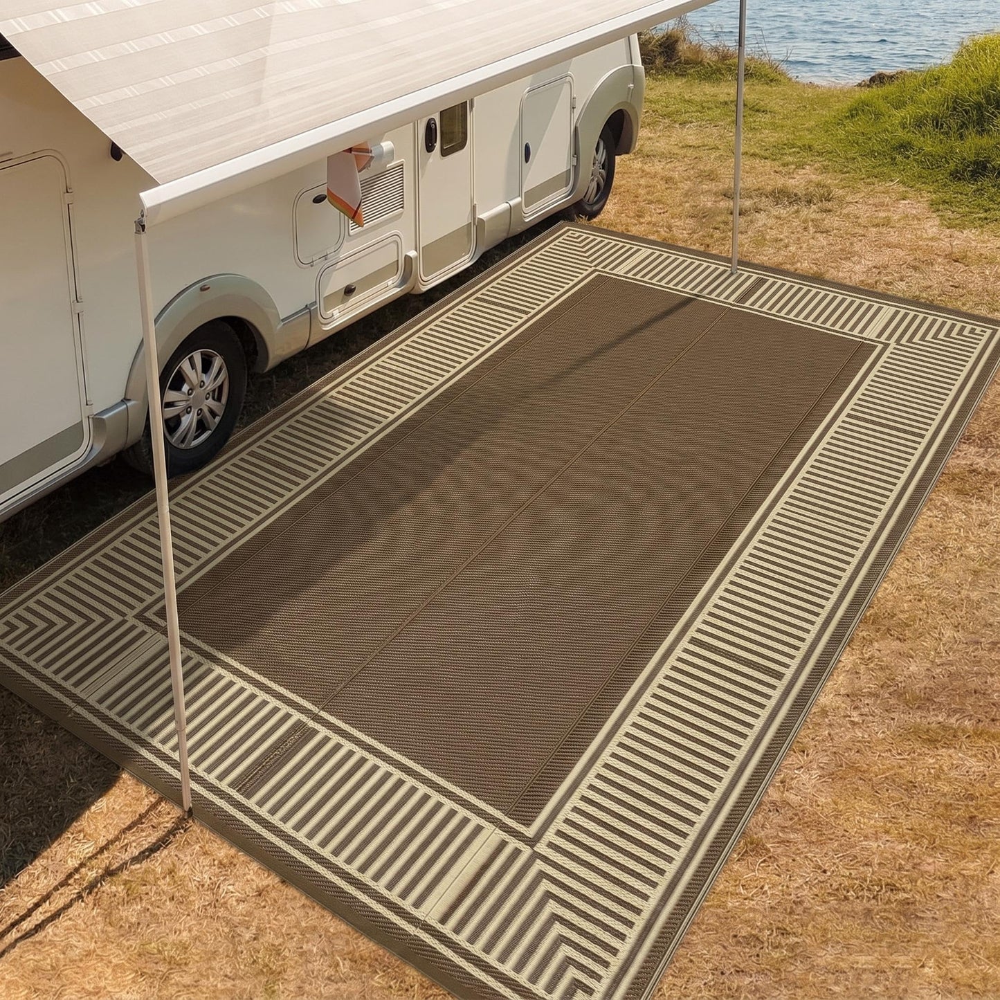 IDEALHOUSE Outdoor Rug 10'x20' Reversible Portable Lightweight Waterproof UV Resistant Plastic Straw Patio Mat for RV Camping Picnic Deck Backyard Peony Brown