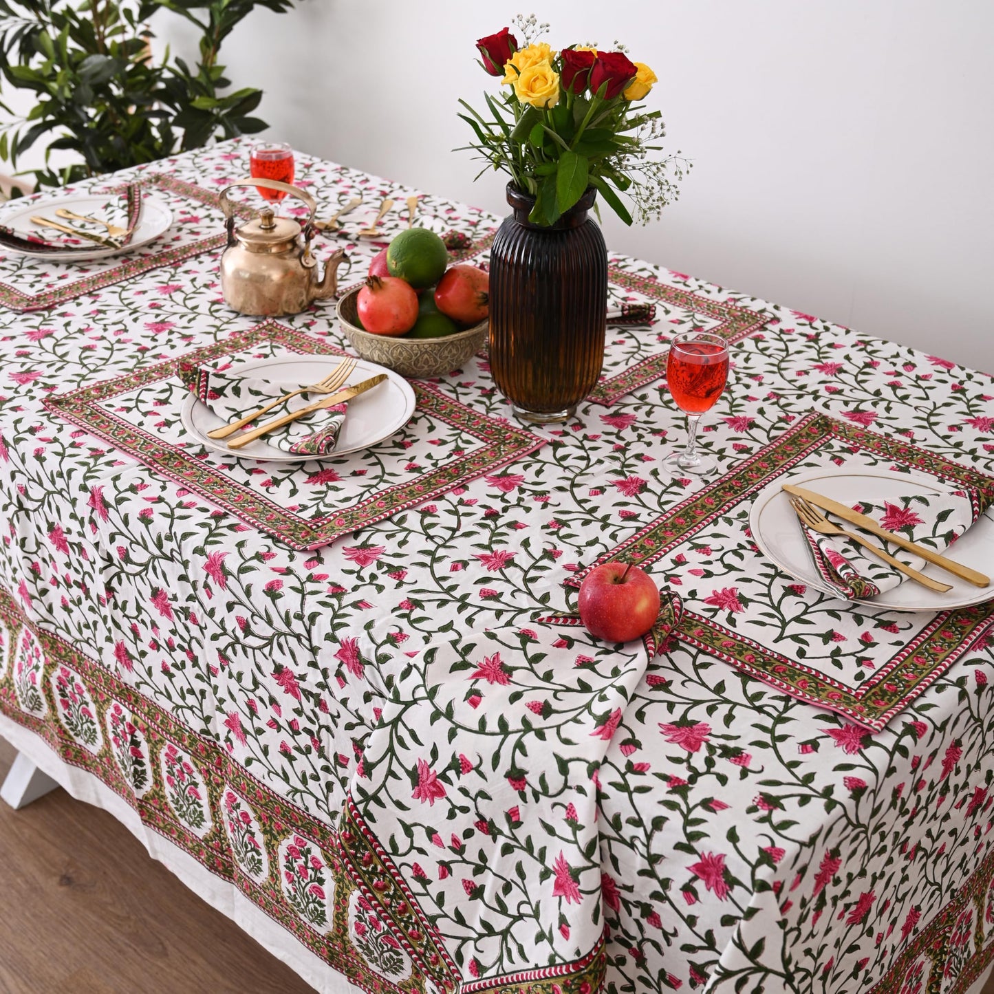 DecorAvenue Hand Block Printed Cotton Tablecloth Elegant Floral Design Soft & Durable Perfect for Dining Table Kitchen Parties Home Decor (Rosy Elegance, 6 Seater 60 x 90 Inches Rectangle)
