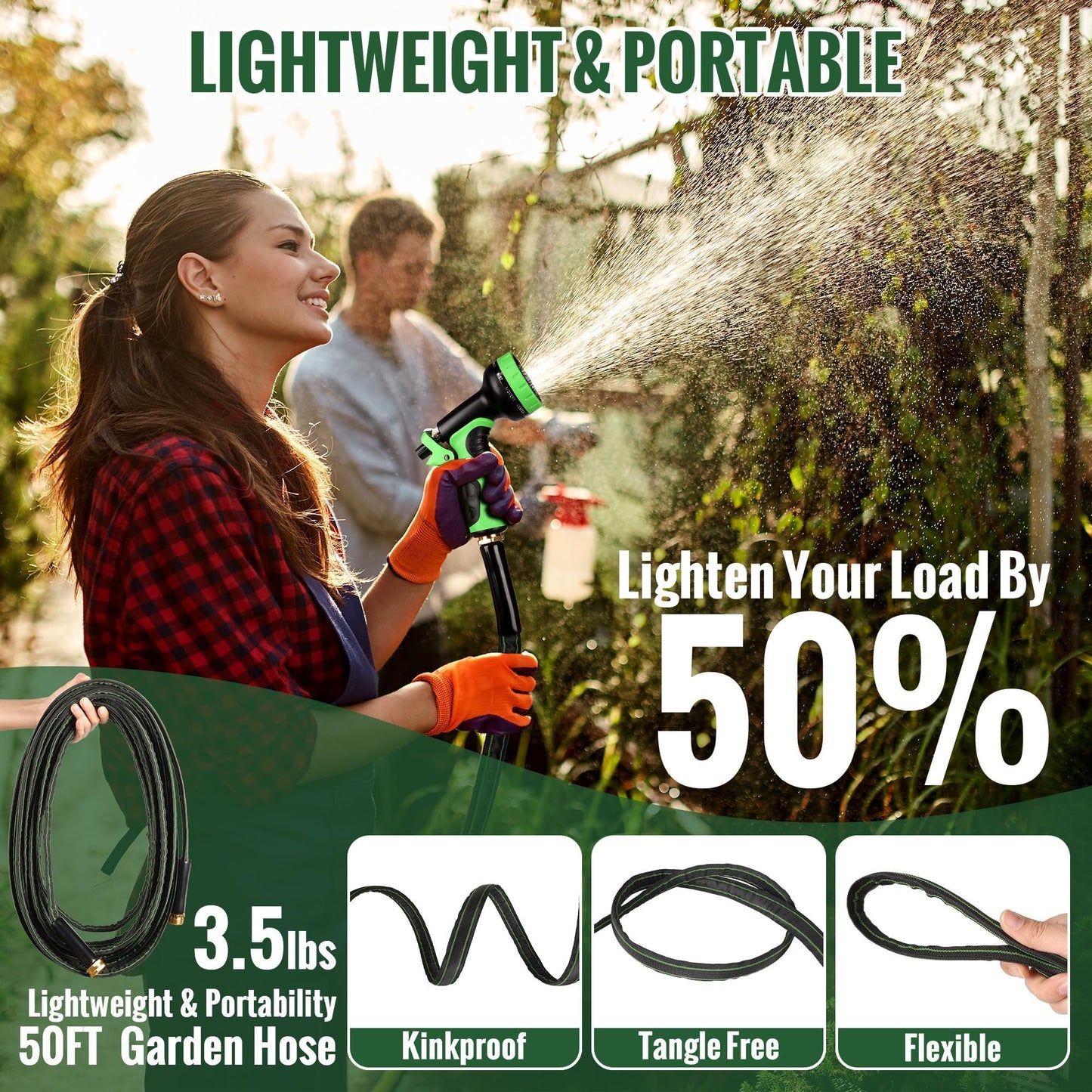 Garden Hose 50ft Flexible Water Hose Non-Expandable High Pressure Kink-Free Leakproof Durable Portable Lightweight Outdoor Yard Lawn Black Fabric Watering Hose with 3/4" Aluminum Fittings