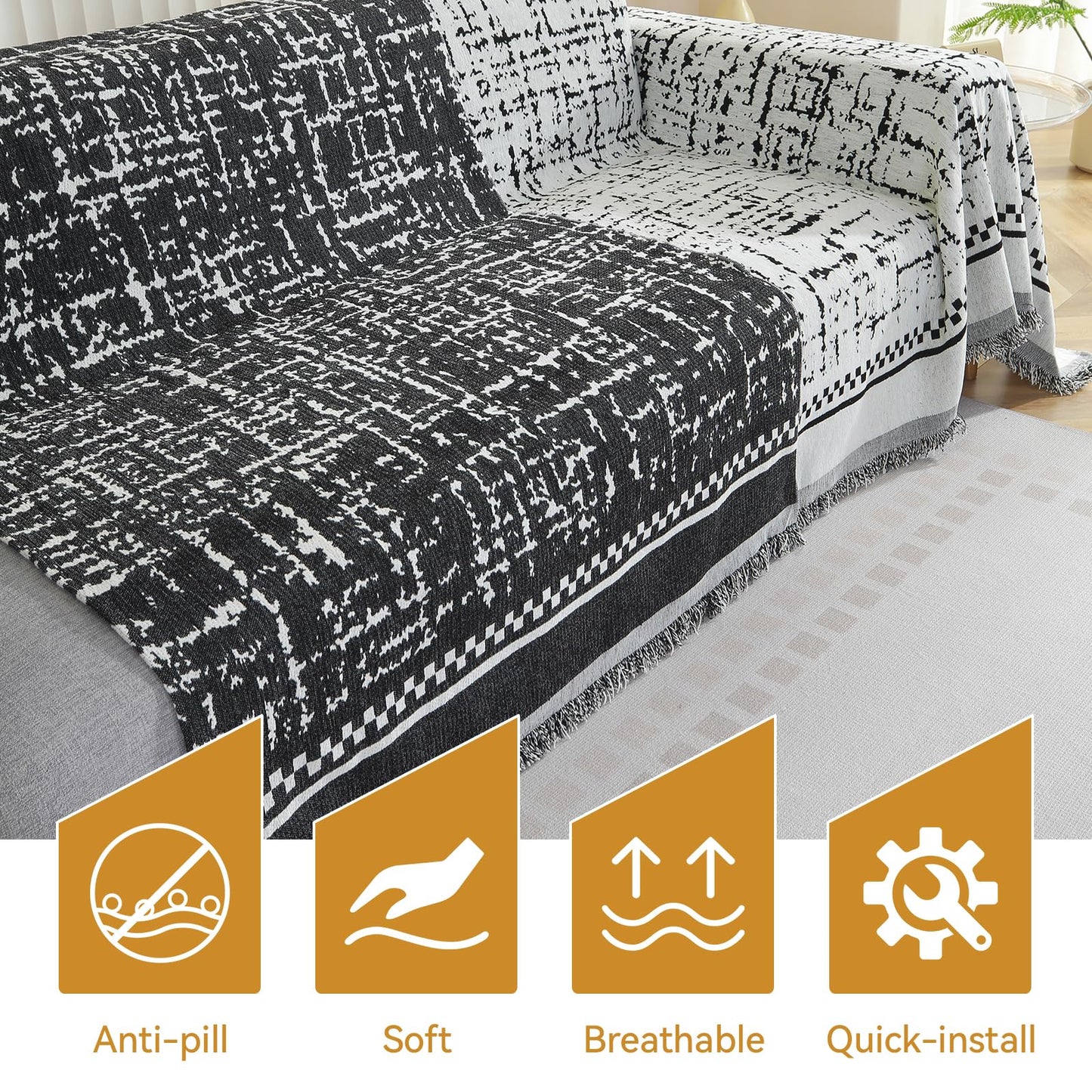 Deep Dream Boho Couch Cover Blanket, Soft Chenille Sofa Covers for 3 Cushion Couch, Sofa Slipcovers Washable Living Room Furniture Protector for Dogs Pets (Black, 71"x134")