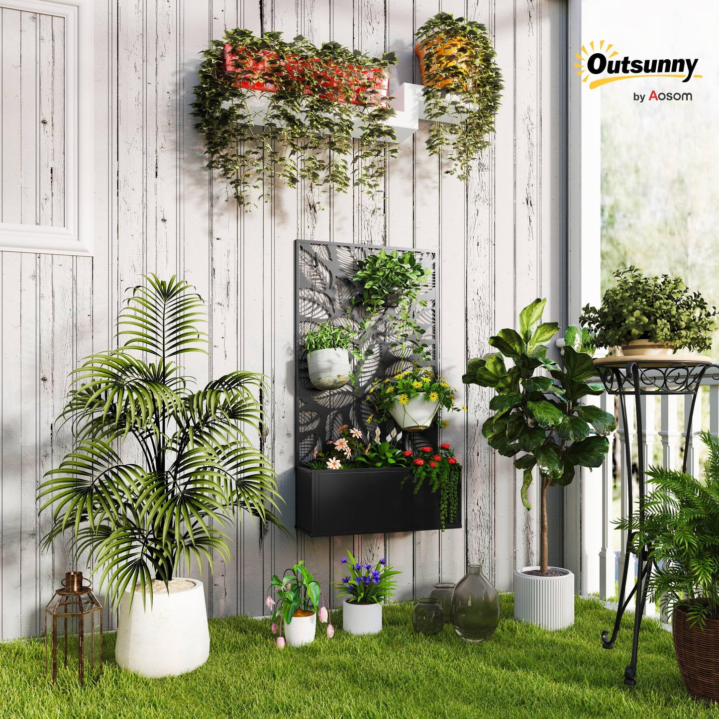 Outsunny Metal Raised Garden Bed with Trellis for Climbing Plants, Freestanding or Wall Mounted Flower Bed with Privacy Panel, Small Leaves Cut-Outs Outdoor Planter Box for Garden, Patio, Balcony