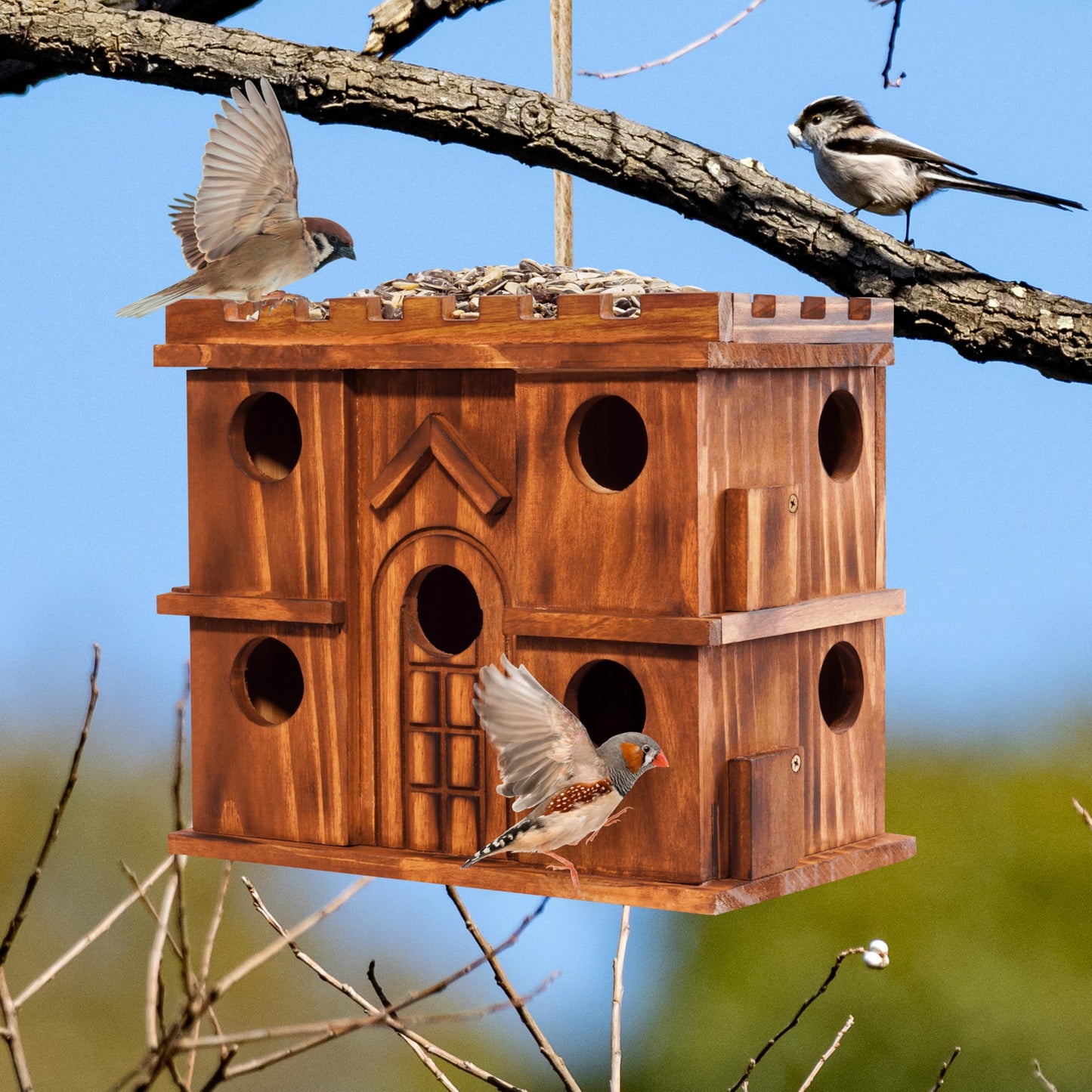 MIXUMON Wooden Bird Houses for Outside – 9 Rooms Large Bird House, Carbonized Pine Rustic Finish, 1.5" Entrance Holes, Cleaning Doors, Outdoor Birdhouse Nesting Box (Rustic, 9 Rooms)