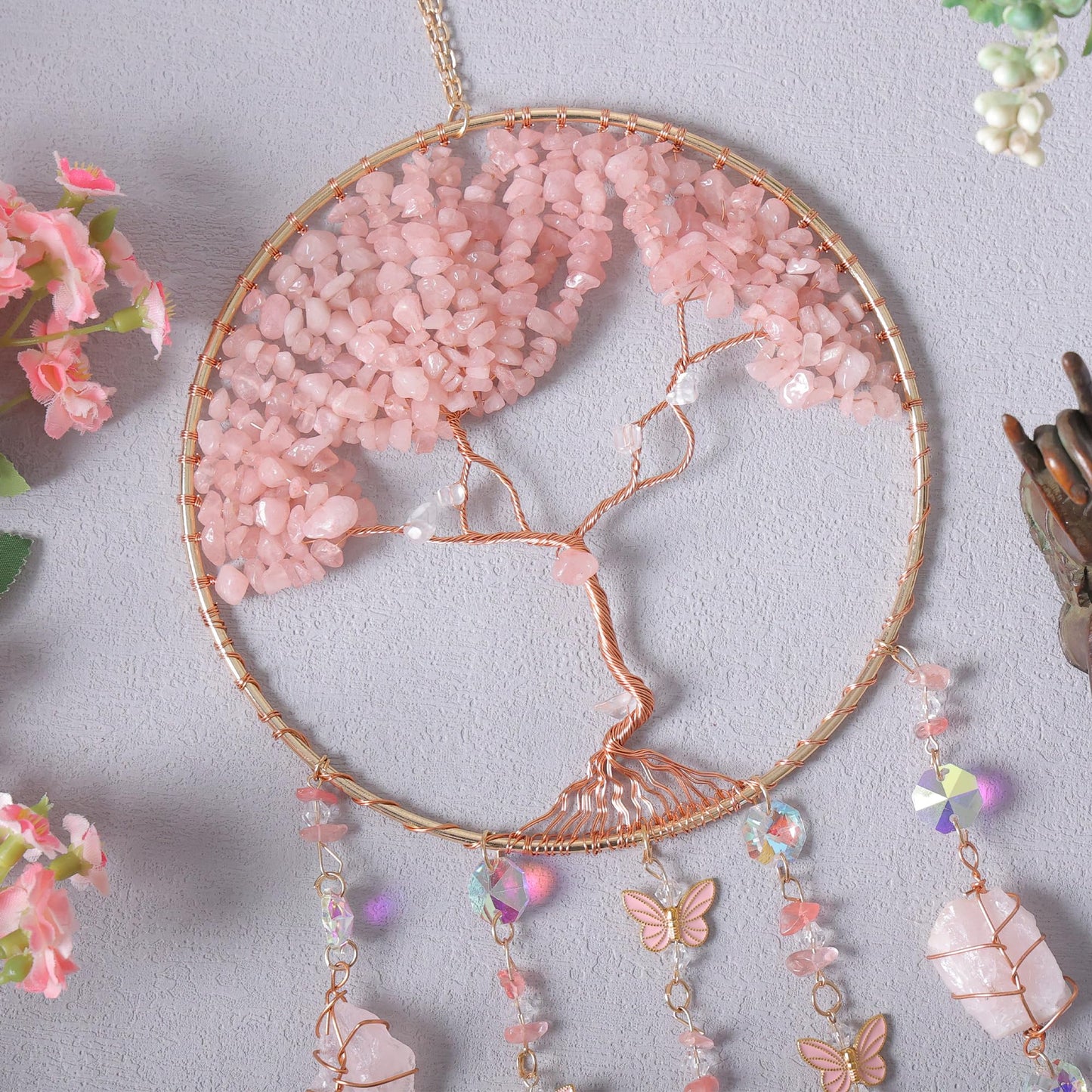 Pink Dream Catchers Crystal Tree of Life Dreamcatcher with Rose Quartz Butterfly Crystal Suncatcher for Windows Hangings Prism Decor Wall Bedroom Decoration Gifts for Boys Adults
