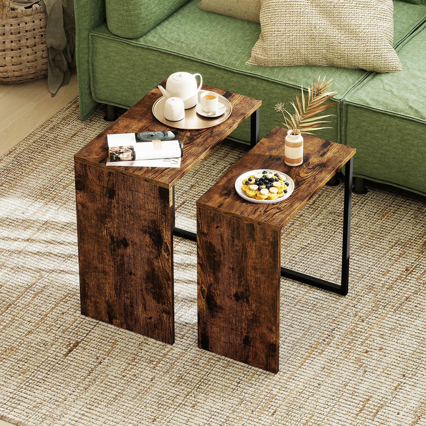 Giantex Nesting Coffee Table Set of 2, Rectangular Stackable Side Tables with Sturdy Metal Frames, Modern Nesting End Tables for Living Room, Bedroom, Rustic Brown