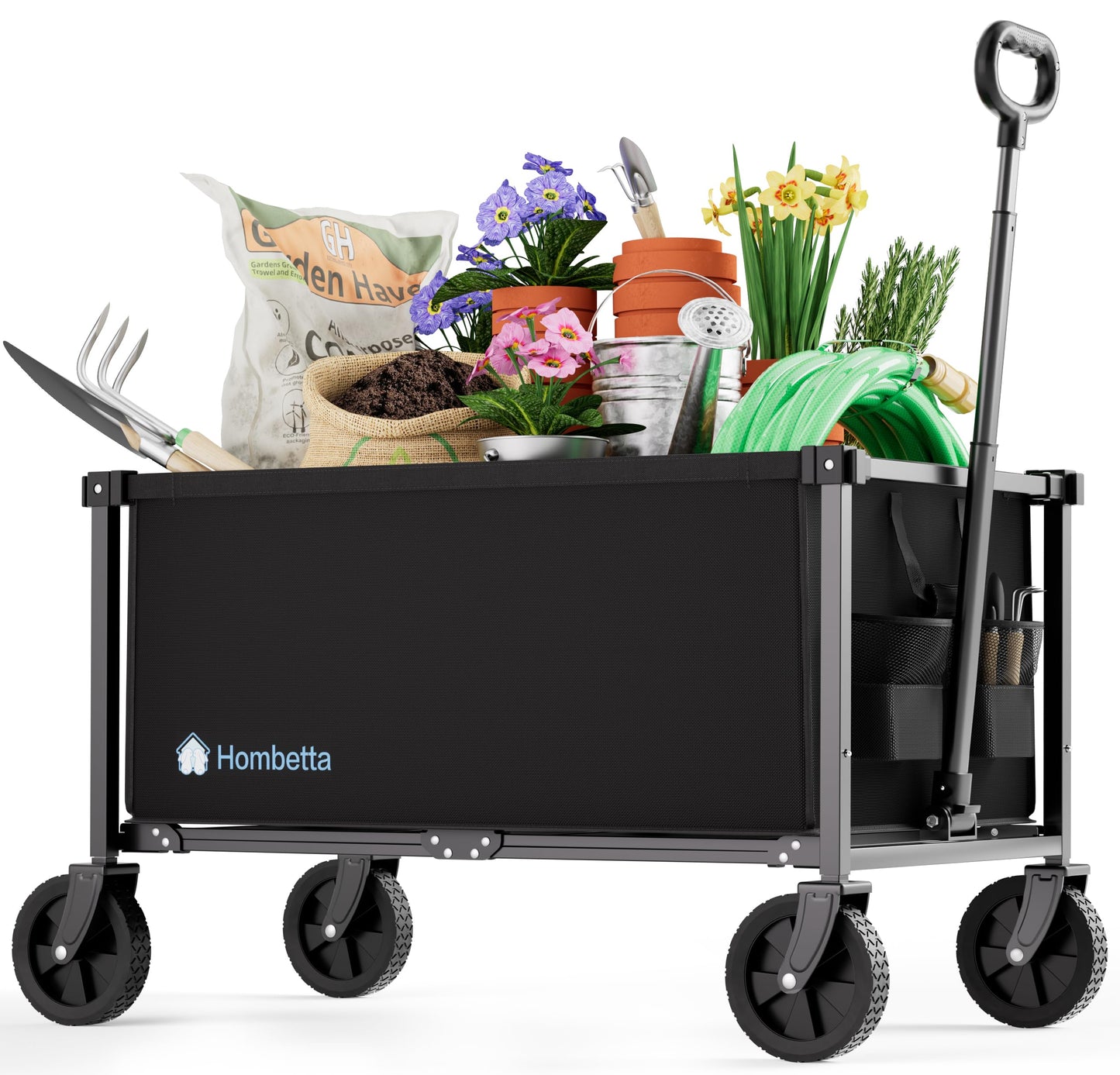 HOMBETTA 29.3" Collapsible Wagon Cart, 150L Heavy Duty Folding Utility Wagon with Wheels, 360 lbs Load, Portable Rolling Cart for Garden, Shopping, Sports, Camping, Black