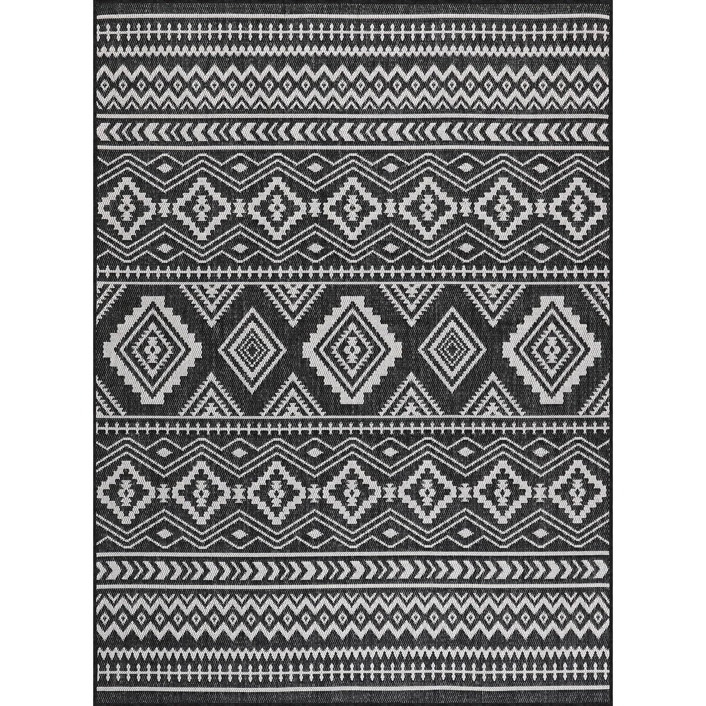 Beverly Rug Waikiki Boho Indoor Outdoor Rug 5x7, Washable Outside Carpet for Patio, Deck, Porch, Bohemian Area Rug, Farmhouse Rugs, Aztec Tribal Rug, Black and White