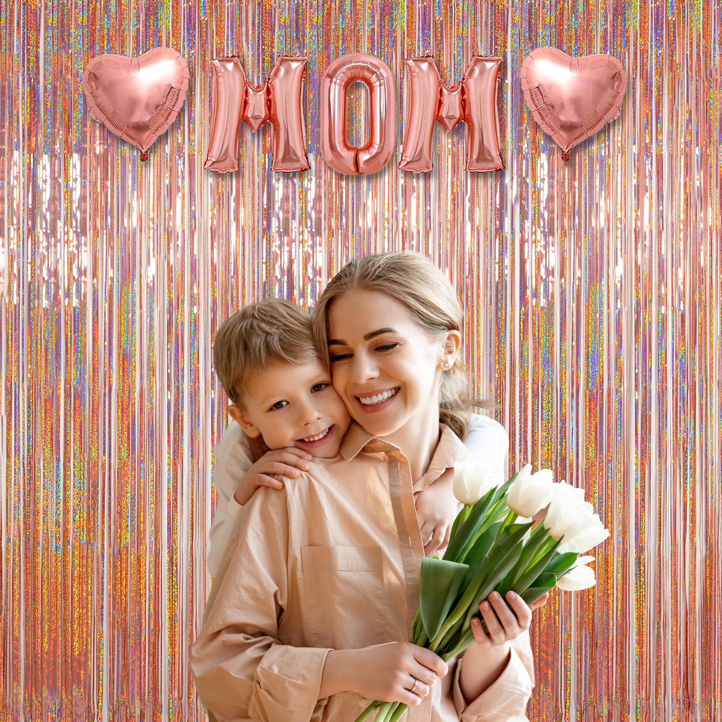 Photo Backdrop for Mothers Day Decorations, Melsan Rose Gold Tinsel Backdrop 2 Pack, Sparkle Foil Fringe Curtains for Rose Gold Birthday Decorations, 3.2 ft x 8.2 ft