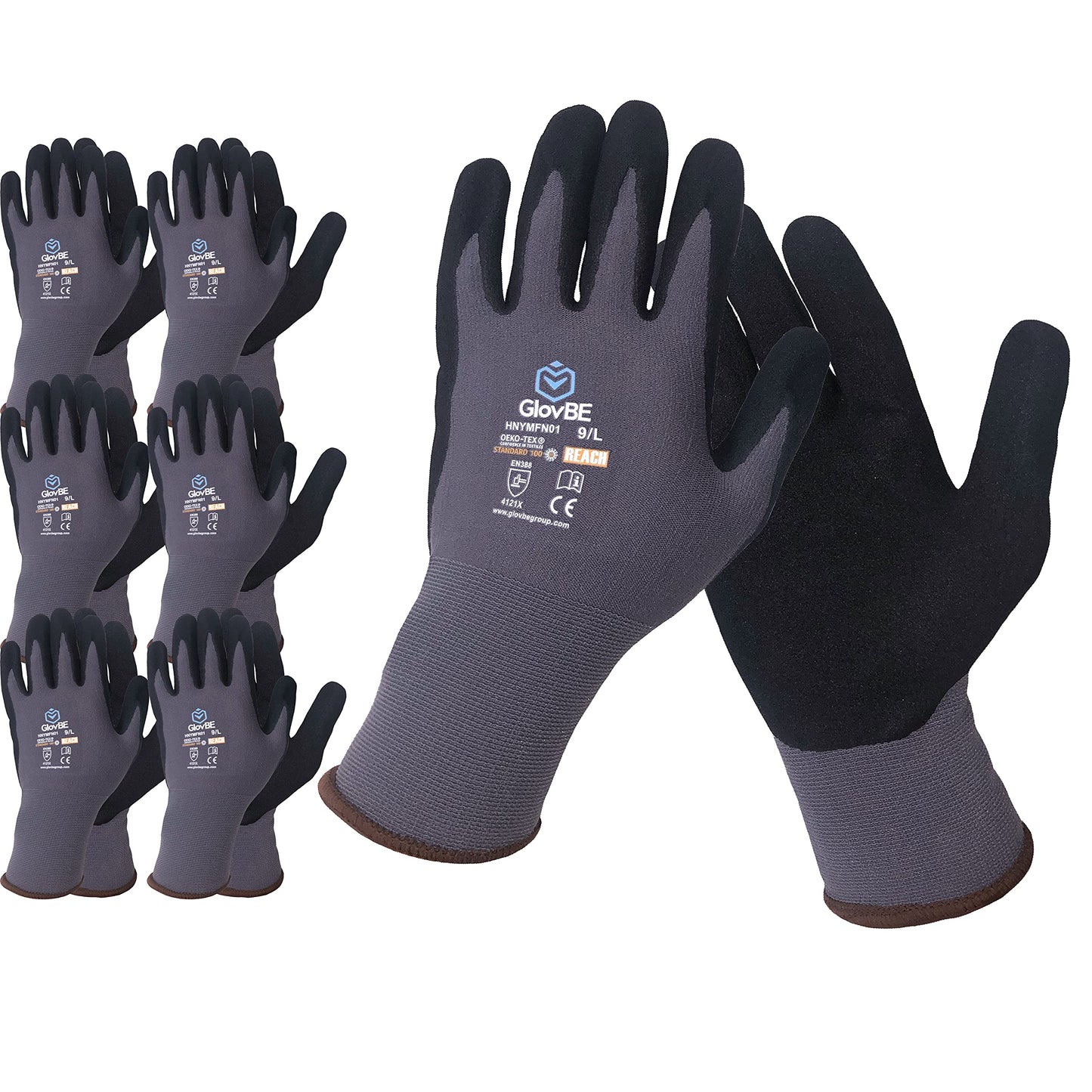 GlovBE 6 Pairs Nylon Work Gloves, Nitrile Micro Foam Slip Resistant Coating on Palm, Smart Touch, Grey (XX-Large)