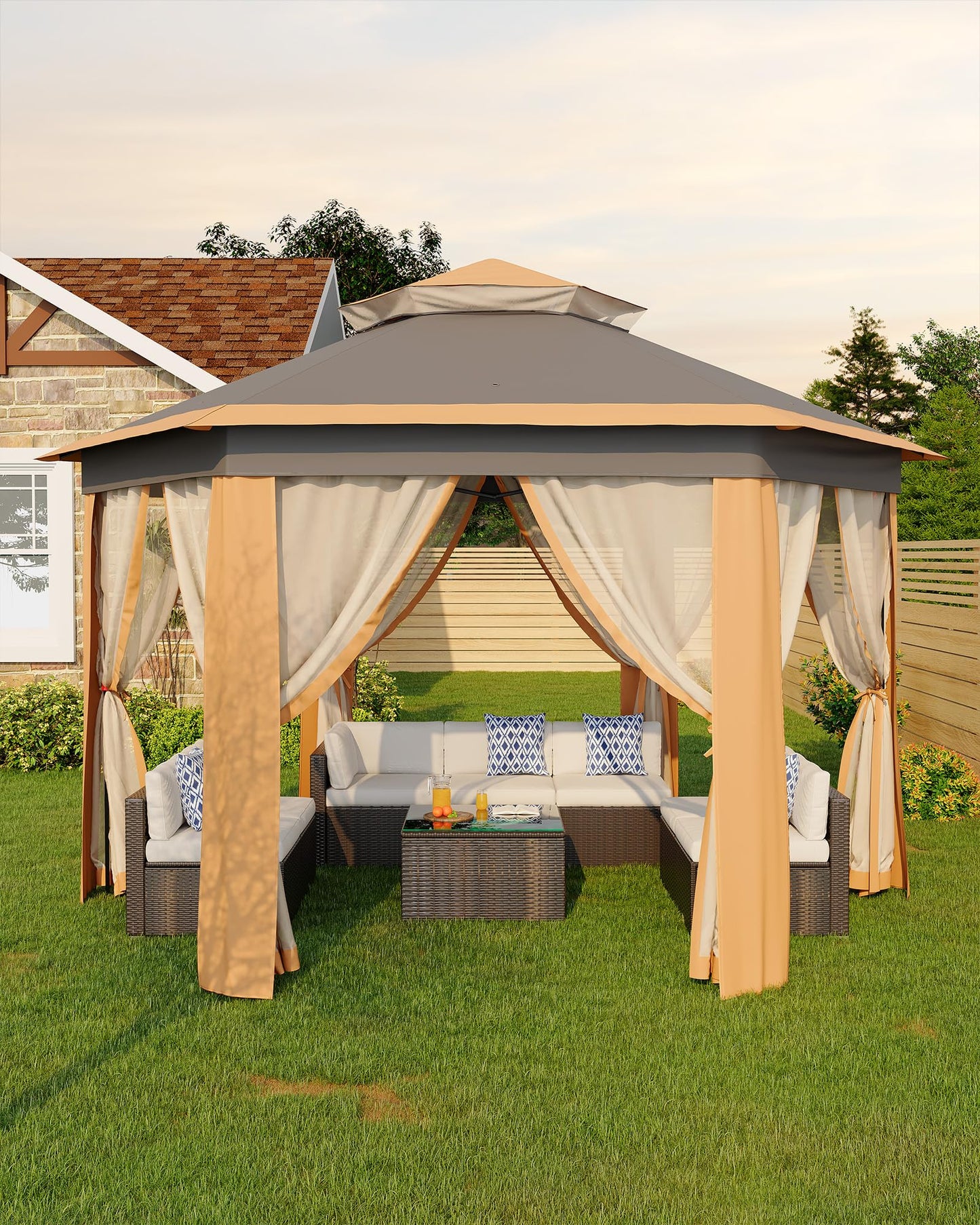 GarveeLife 13'x13' Pop-Up Gazebo, Outdoor Hexagonal Patio Gazebo with Mosquito Netting, Instant Setup Canopy Tent with Strong Steel Frame and Sandbags, for Backyard, Gardens, Patio (Khaki)