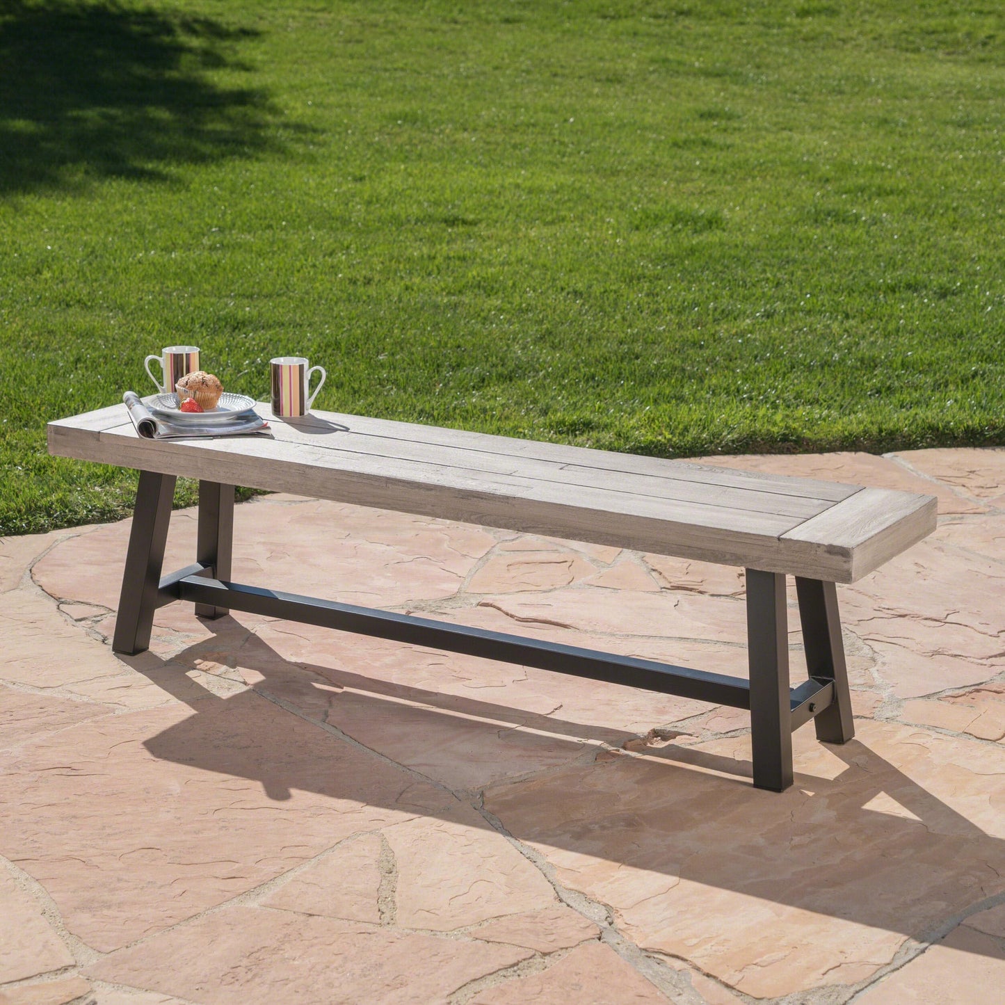 Merax Outdoor Acacia Wood Patio Bench, Garden Benches for Porch Park Yard Backyard Lawn, Grey+Black